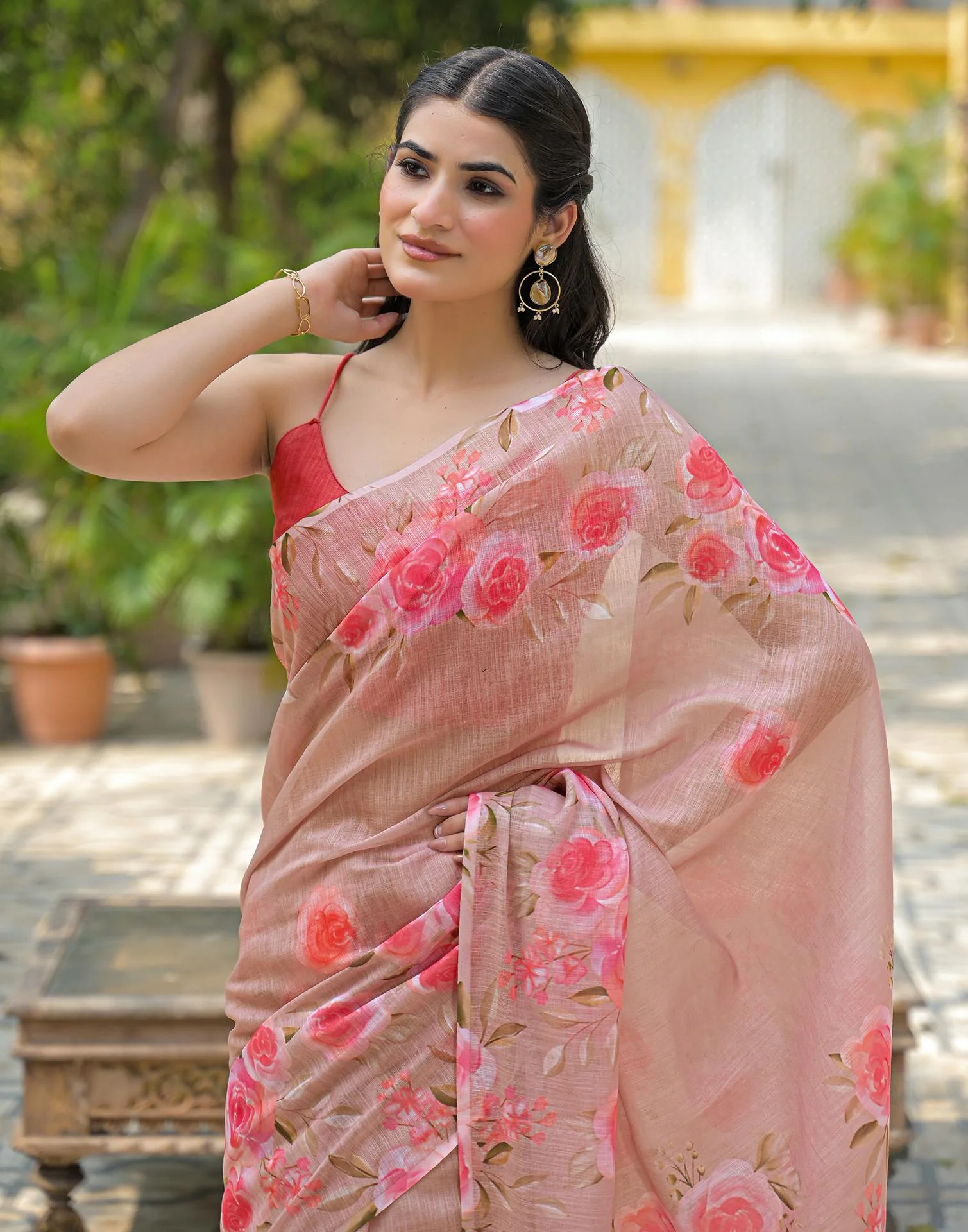Dusty Peach Linen Floral Printed Saree - Image 6