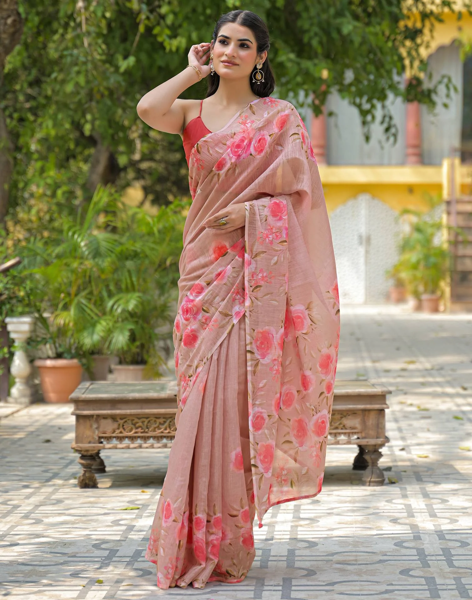 Dusty Peach Linen Floral Printed Saree - Image 8