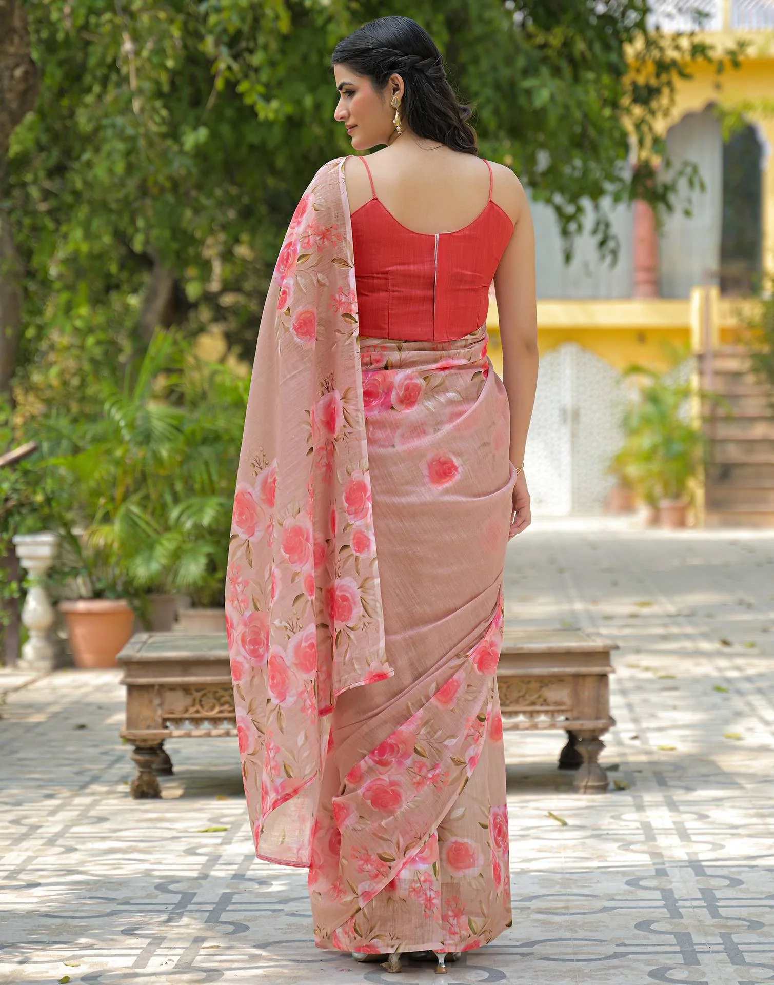 Dusty Peach Linen Floral Printed Saree - Image 9