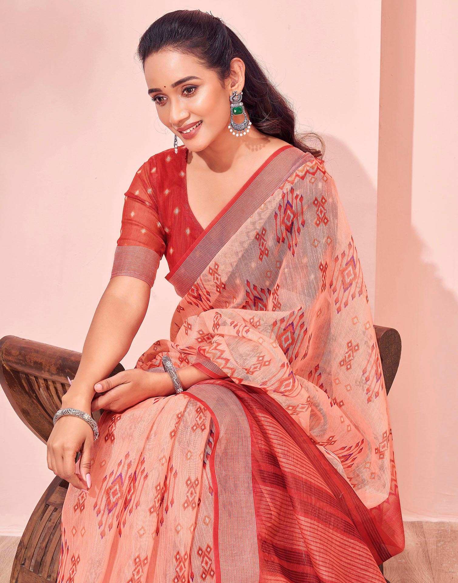 Dusty Peach Linen Printed Saree - Image 2