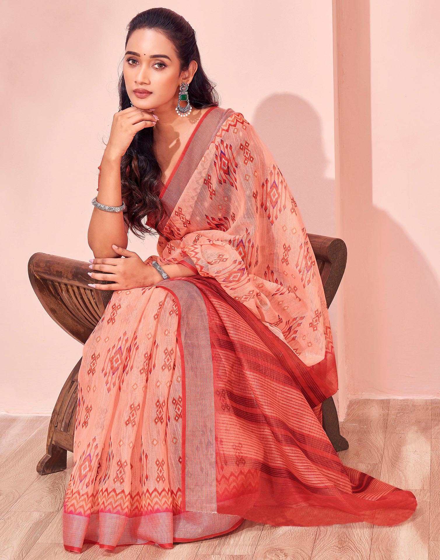 Dusty Peach Linen Printed Saree - Image 7