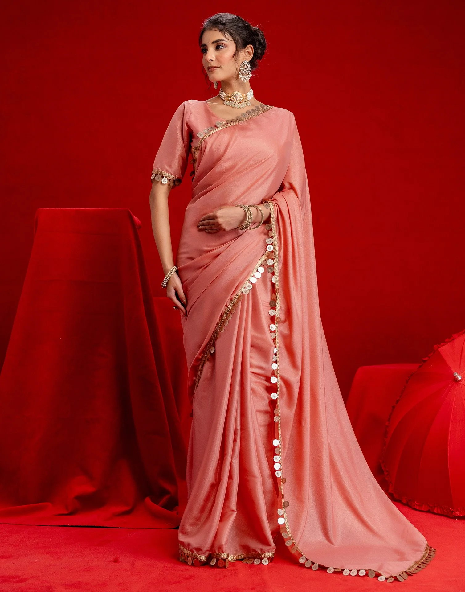 Dusty Peach Shimmer Lace Saree