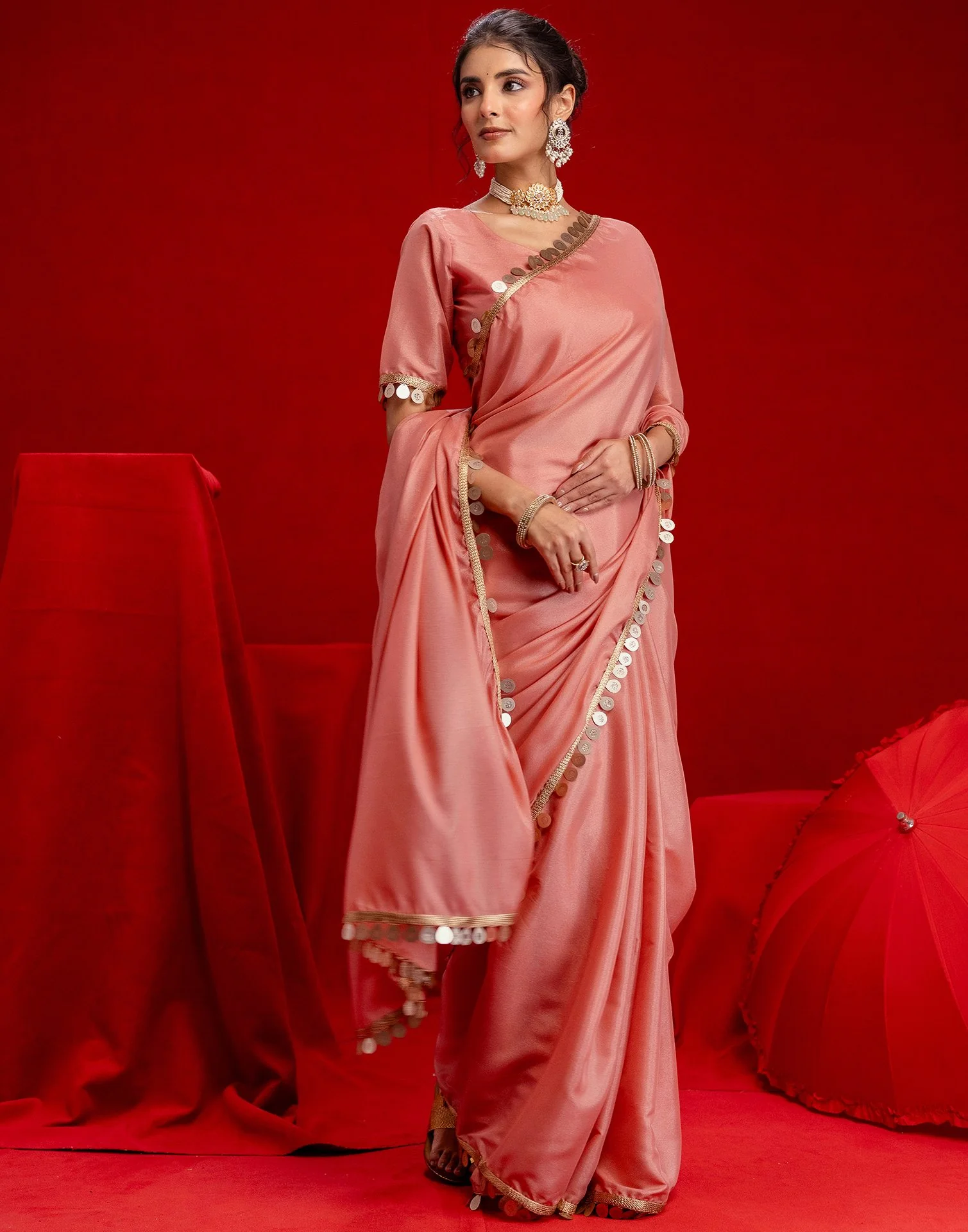 Dusty Peach Shimmer Lace Saree - Image 8
