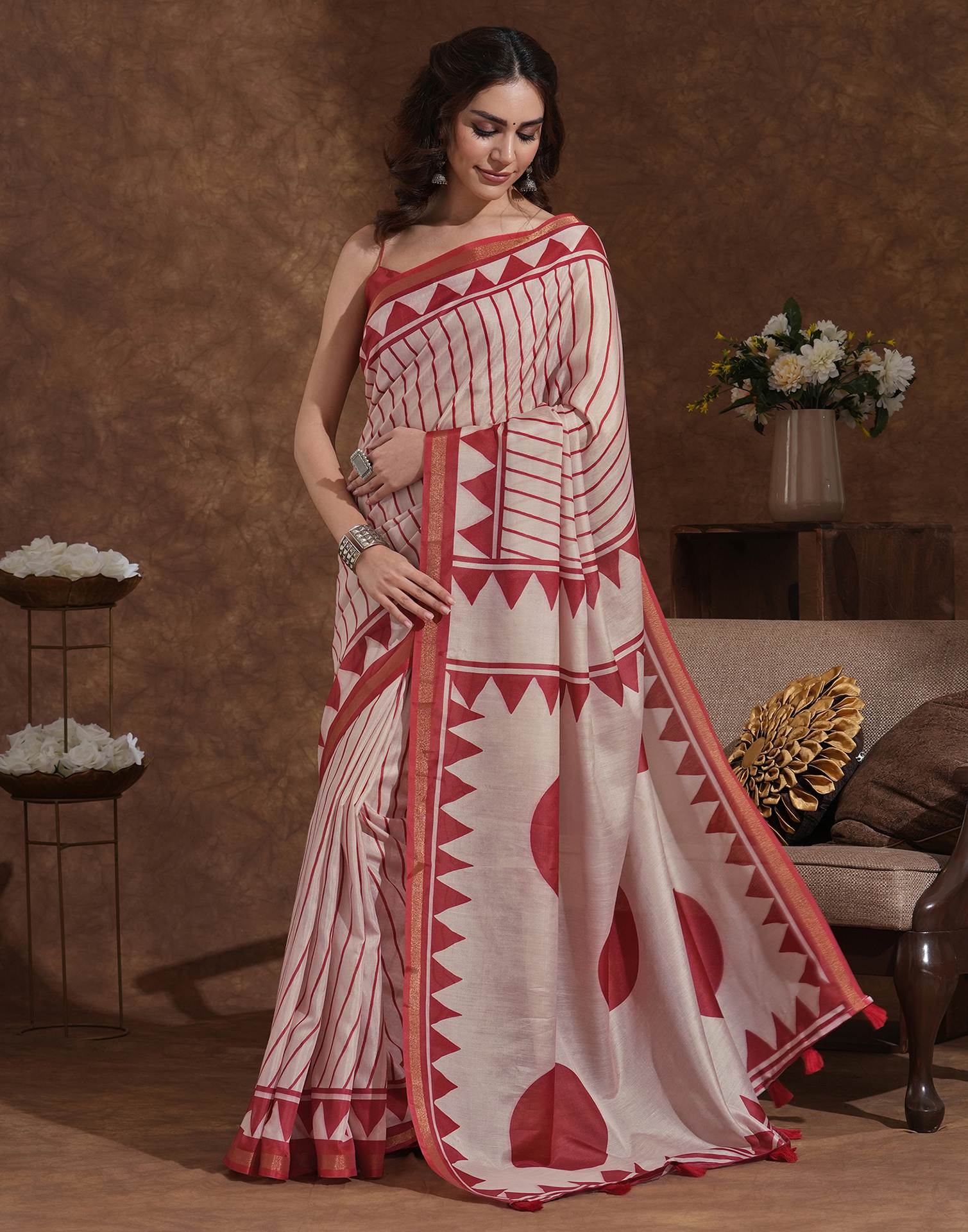 Dusty Peach Silk Printed Saree - Image 4