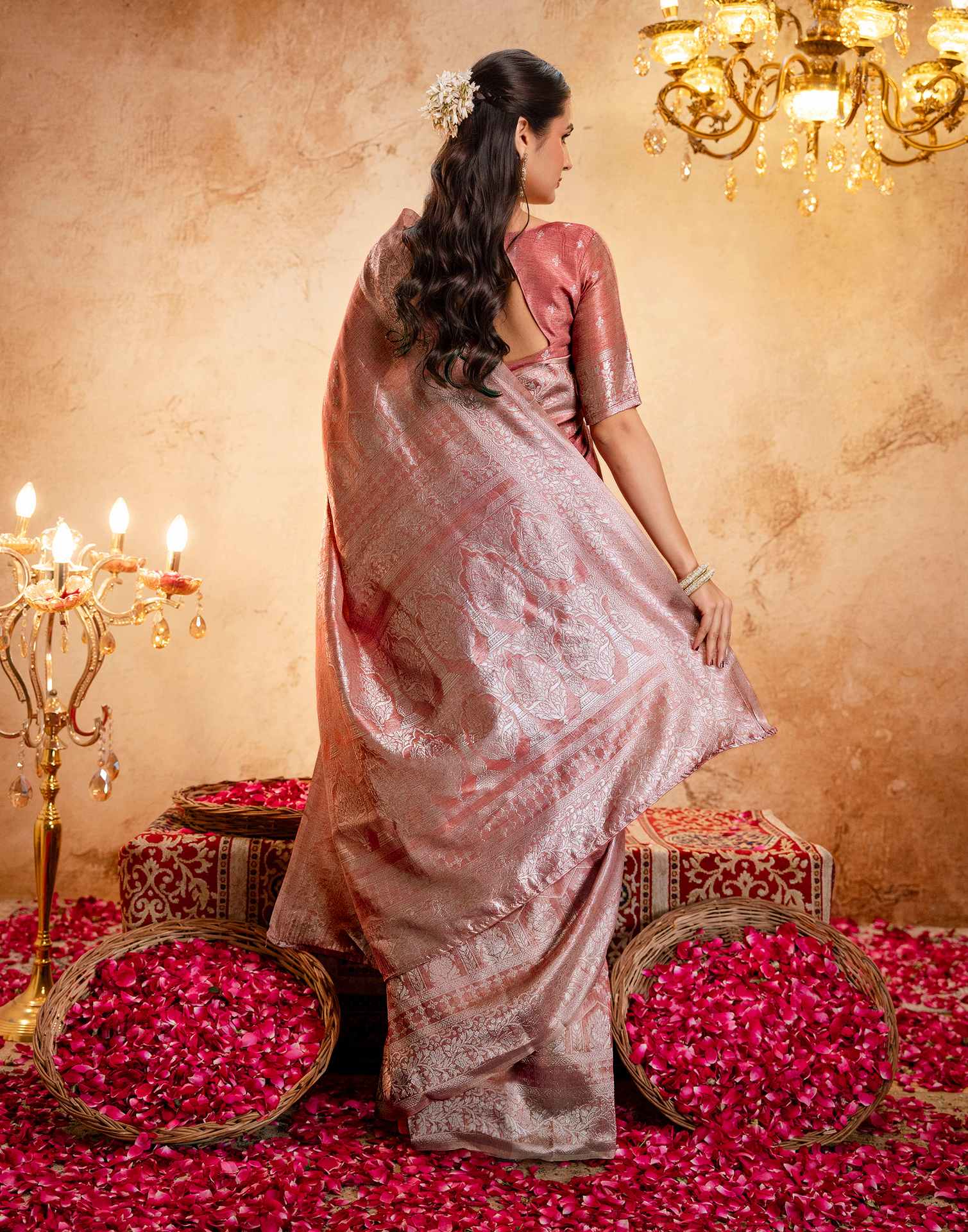 Dusty Peach Silk Woven Banarasi Saree - Image 8