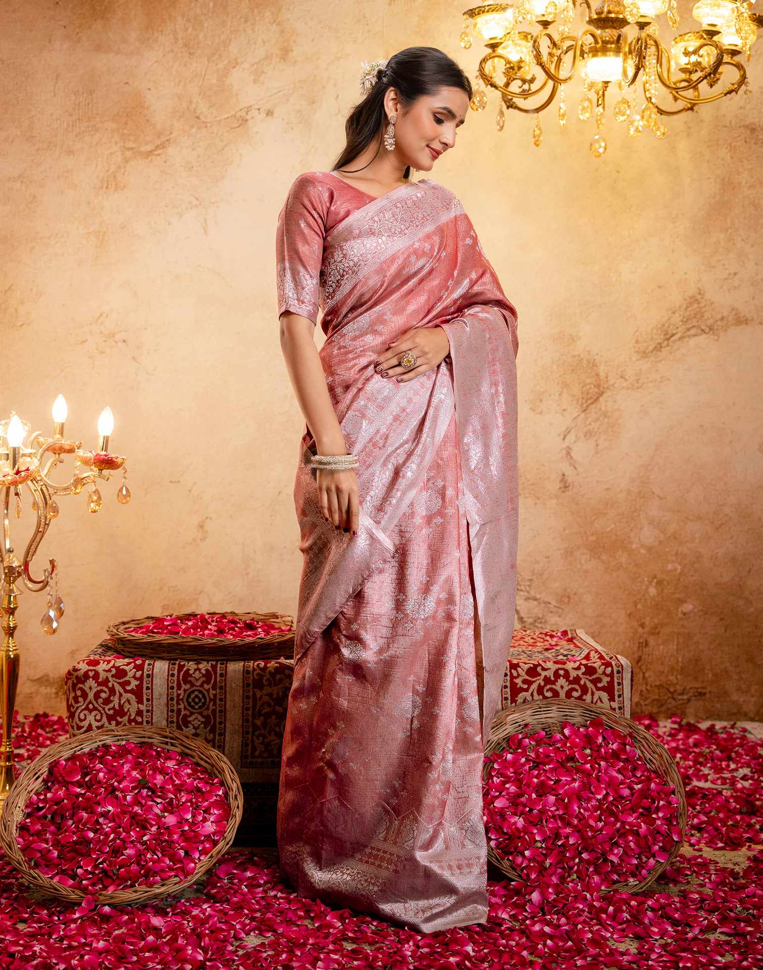 Dusty Peach Silk Woven Banarasi Saree - Image 9