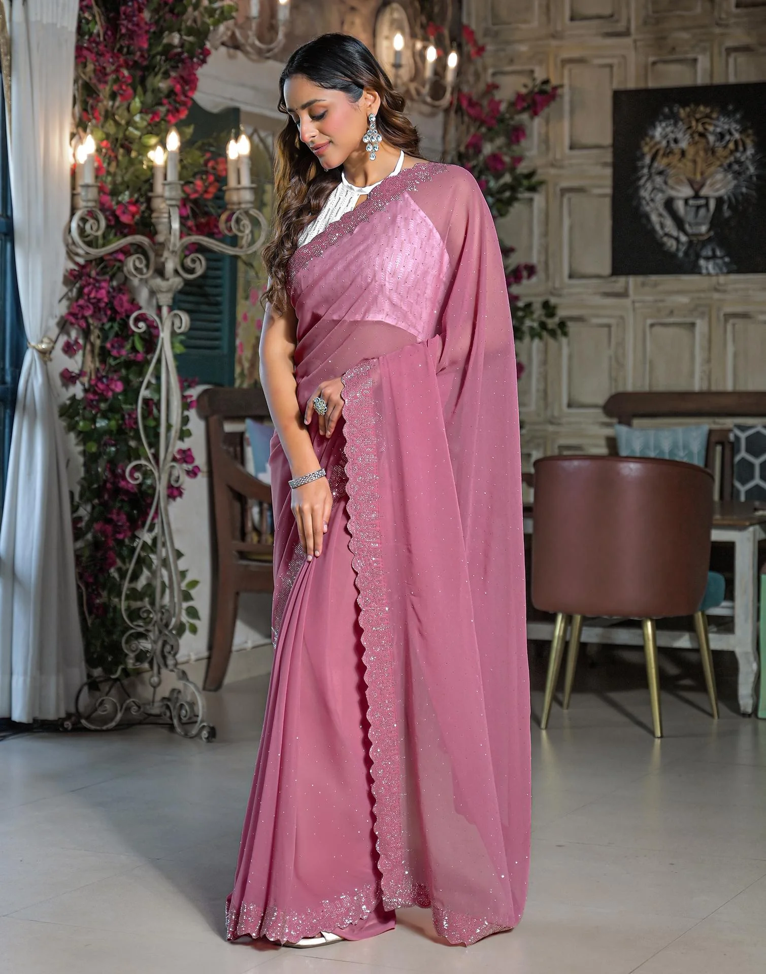 Dusty Pink Georgette Stone Work Swarovski Saree - Image 4