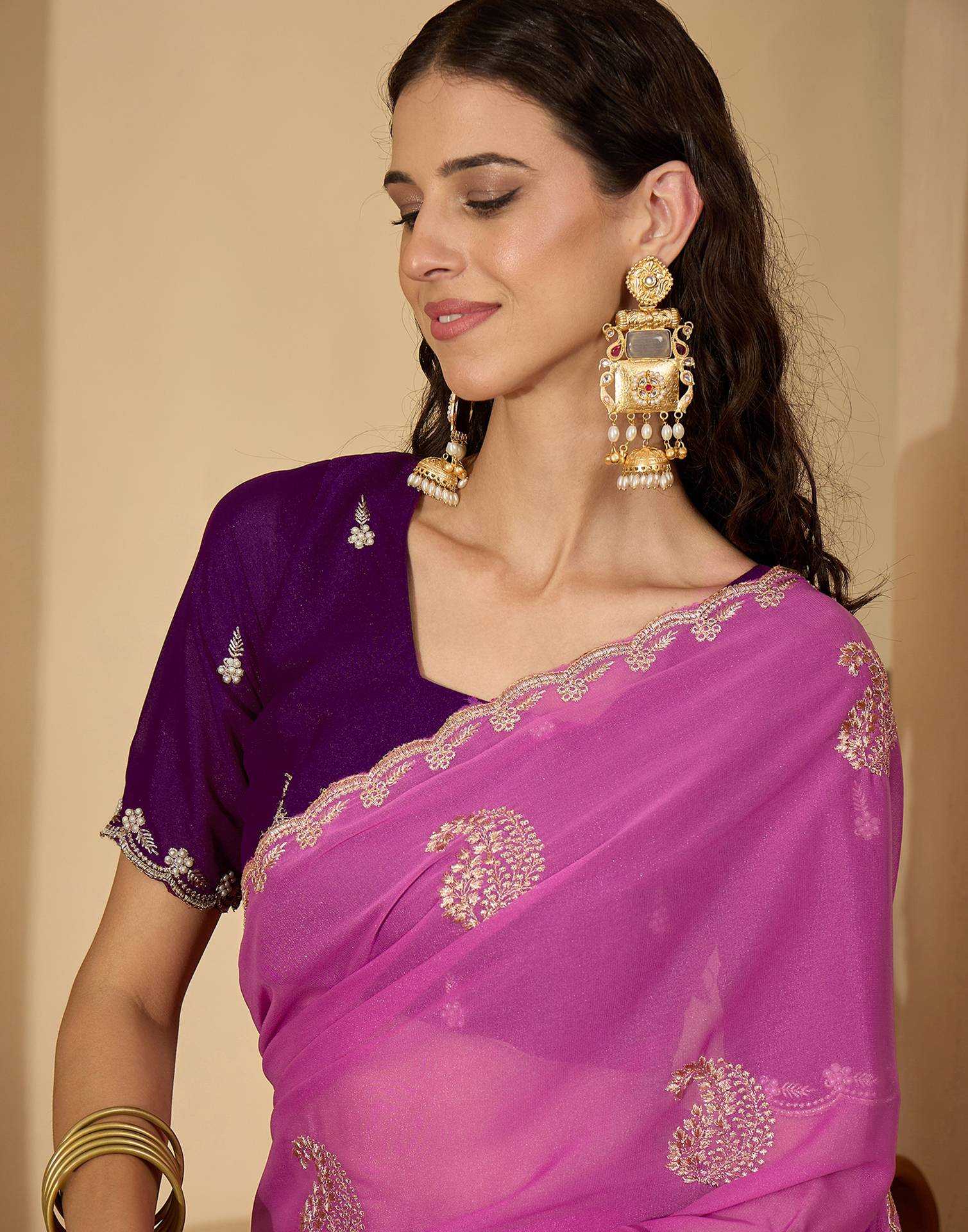Dusty Pink Shimmer Embroidery Saree - Image 2