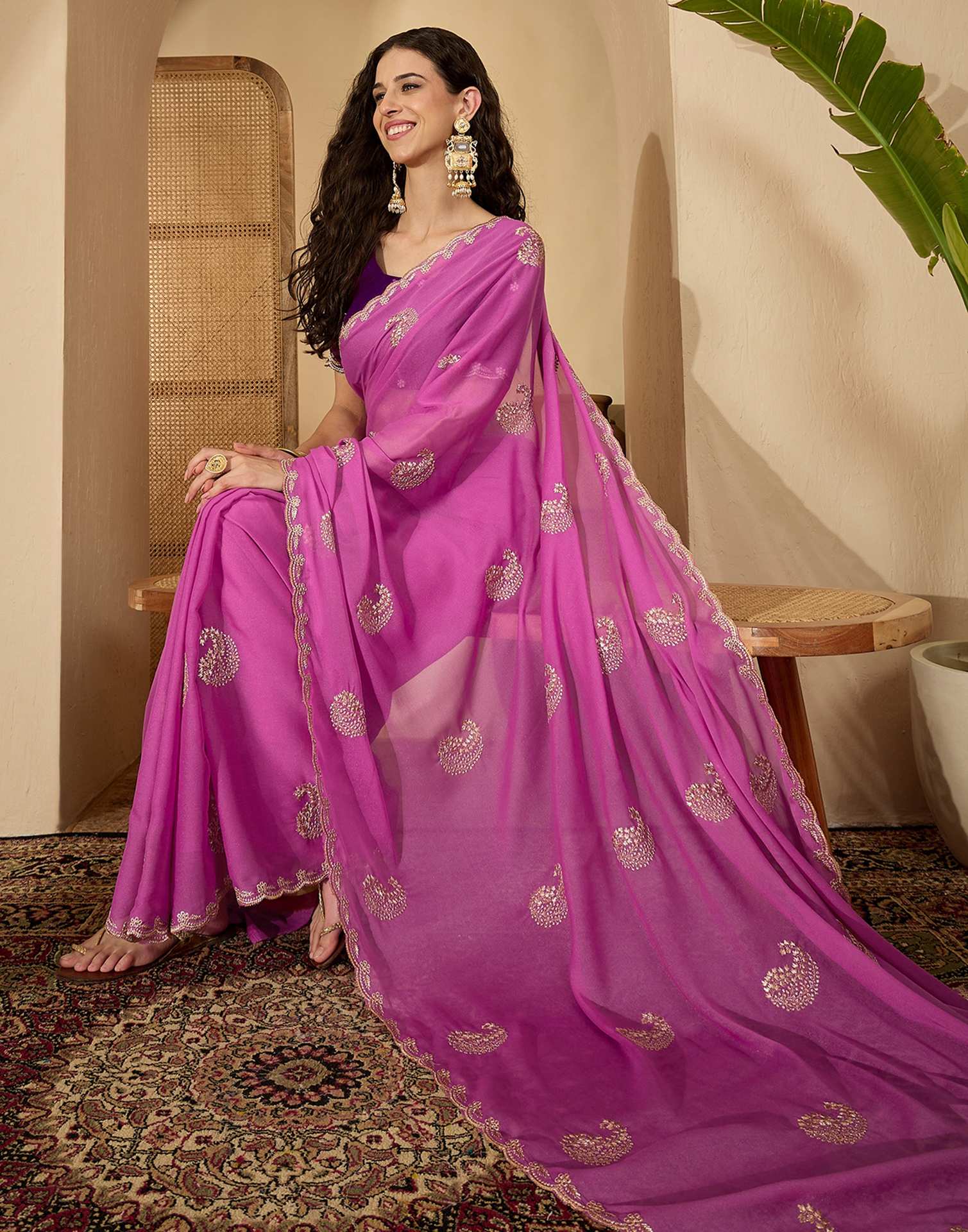 Dusty Pink Shimmer Embroidery Saree - Image 4