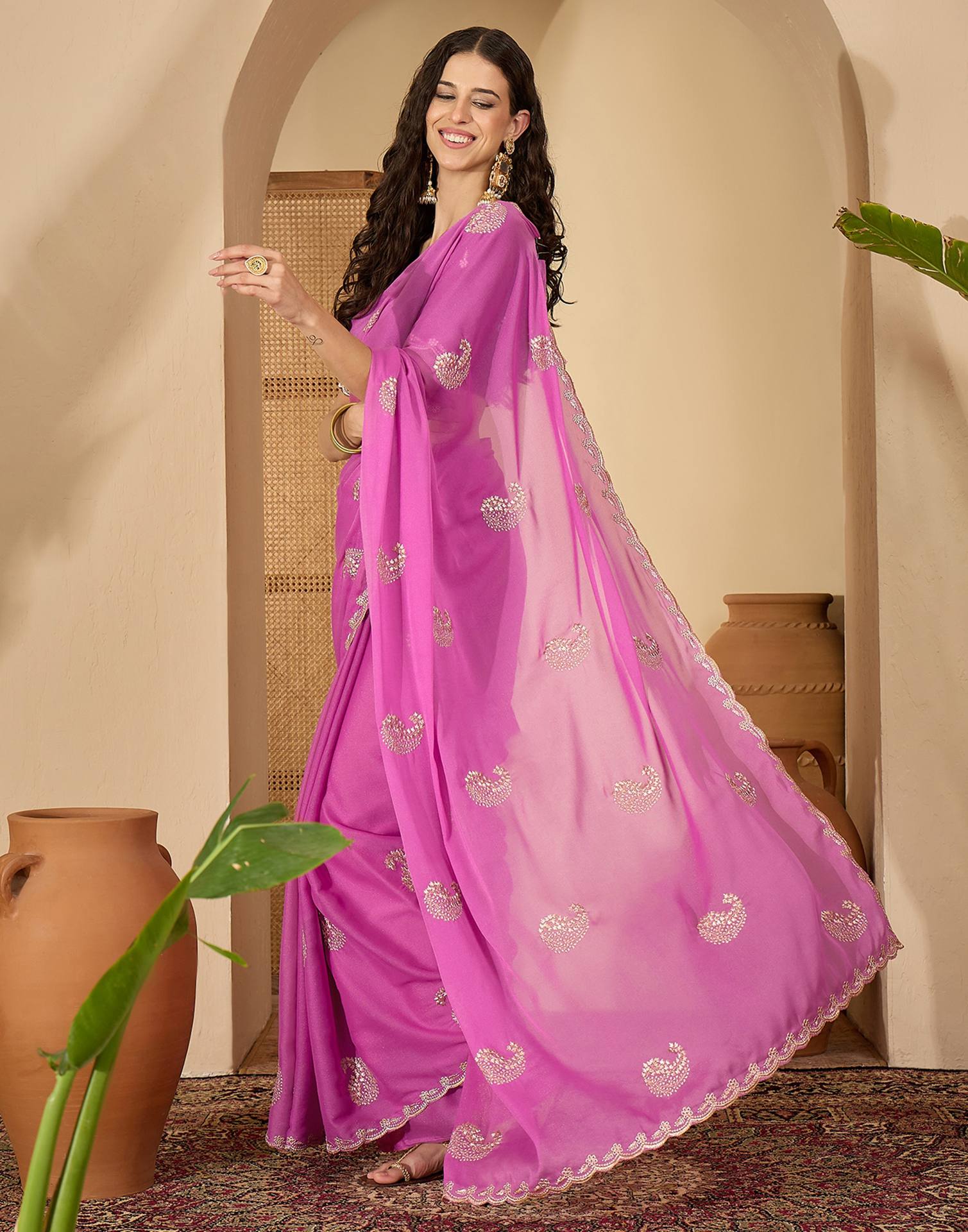 Dusty Pink Shimmer Embroidery Saree - Image 5