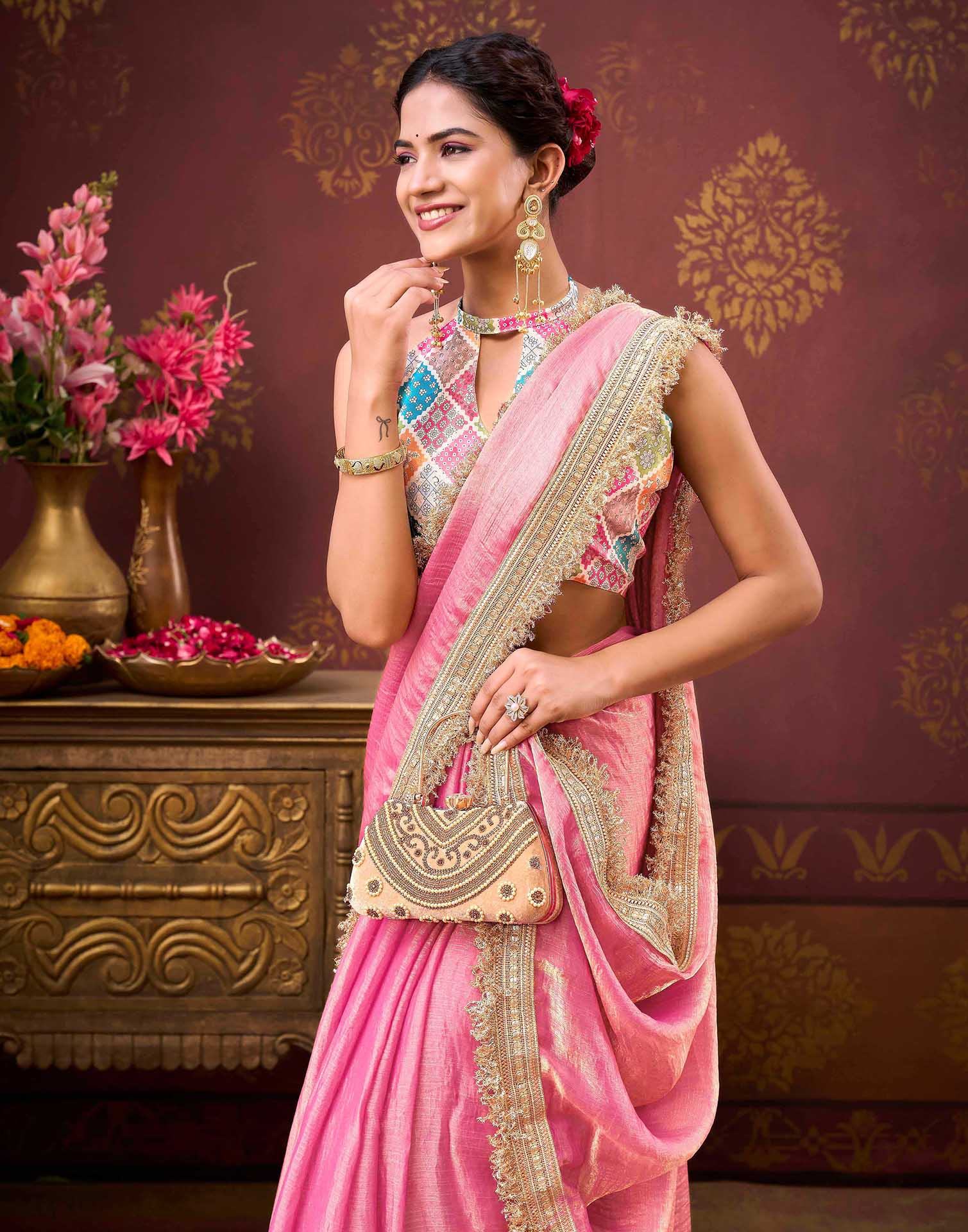 Dusty Pink Shimmer Gota Lace Saree - Image 2