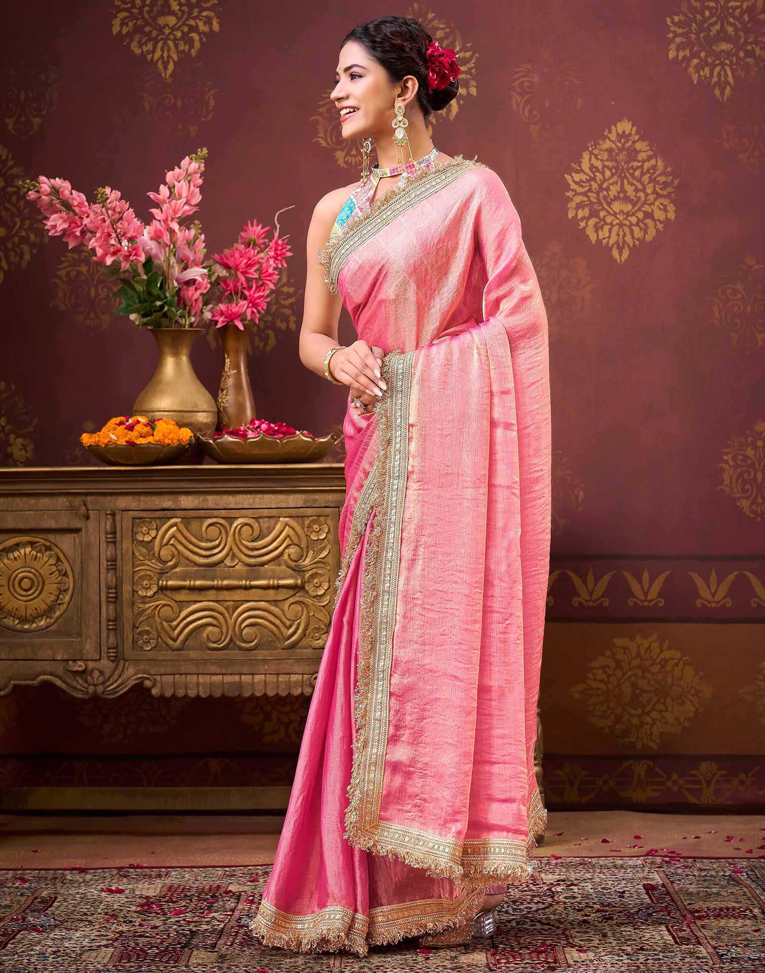 Dusty Pink Shimmer Gota Lace Saree - Image 4