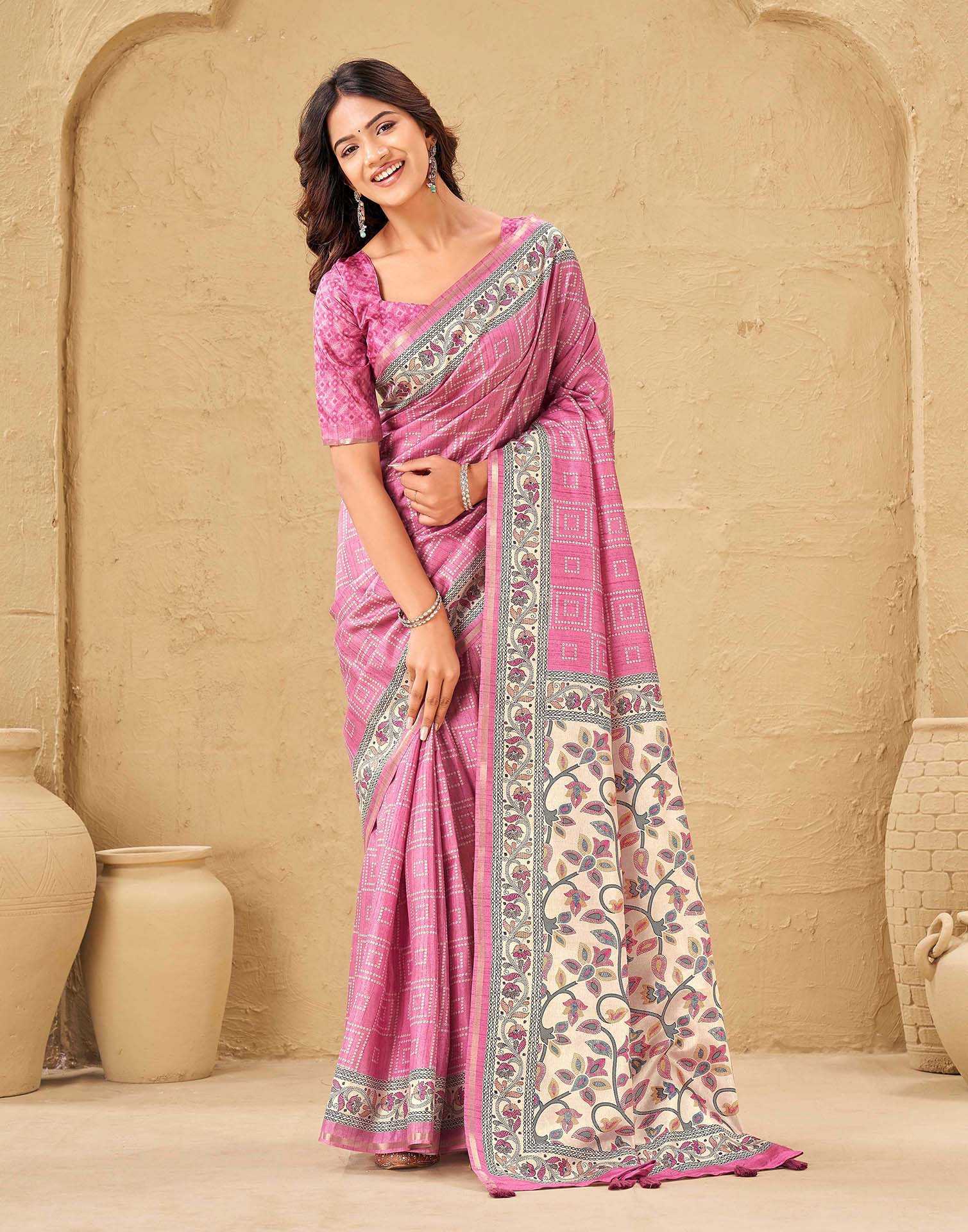 Dusty Pink Silk Bandhani Printed Saree