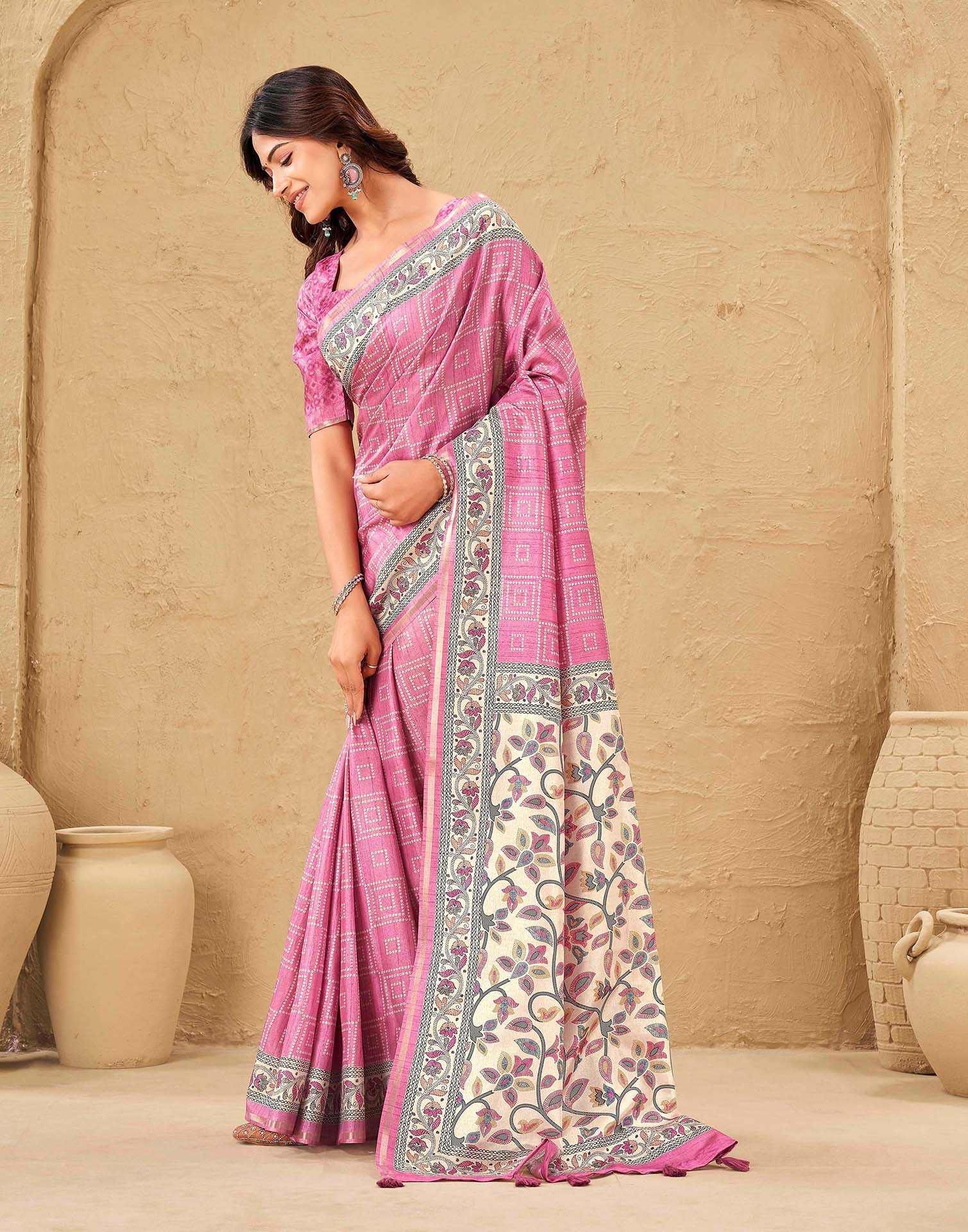 Dusty Pink Silk Bandhani Printed Saree - Image 4