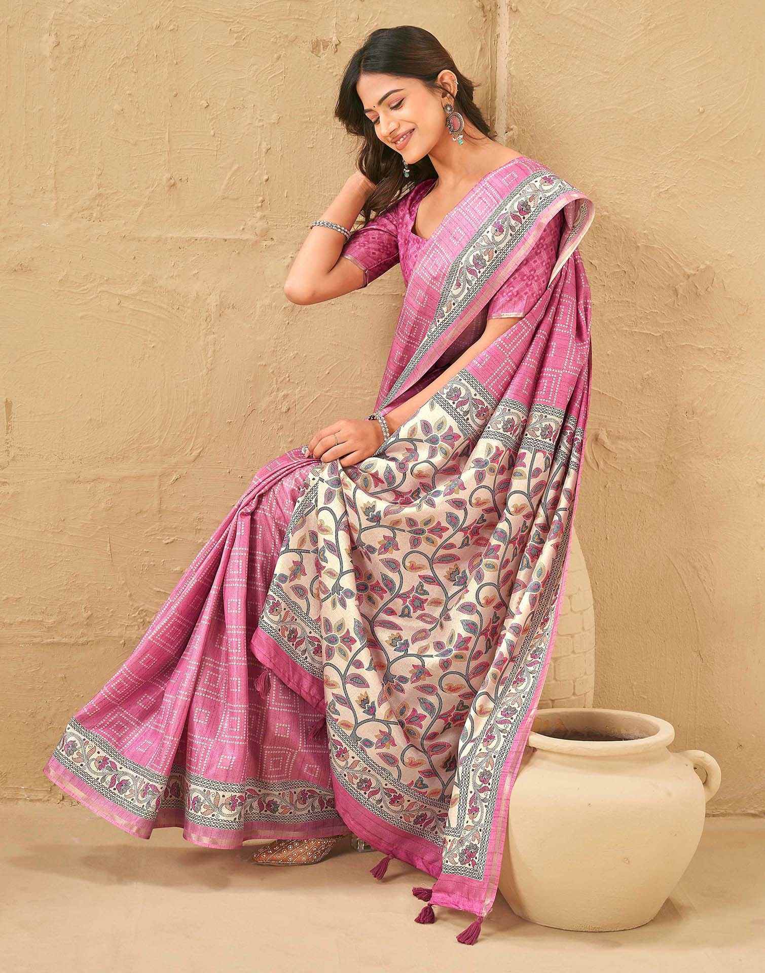 Dusty Pink Silk Bandhani Printed Saree - Image 5