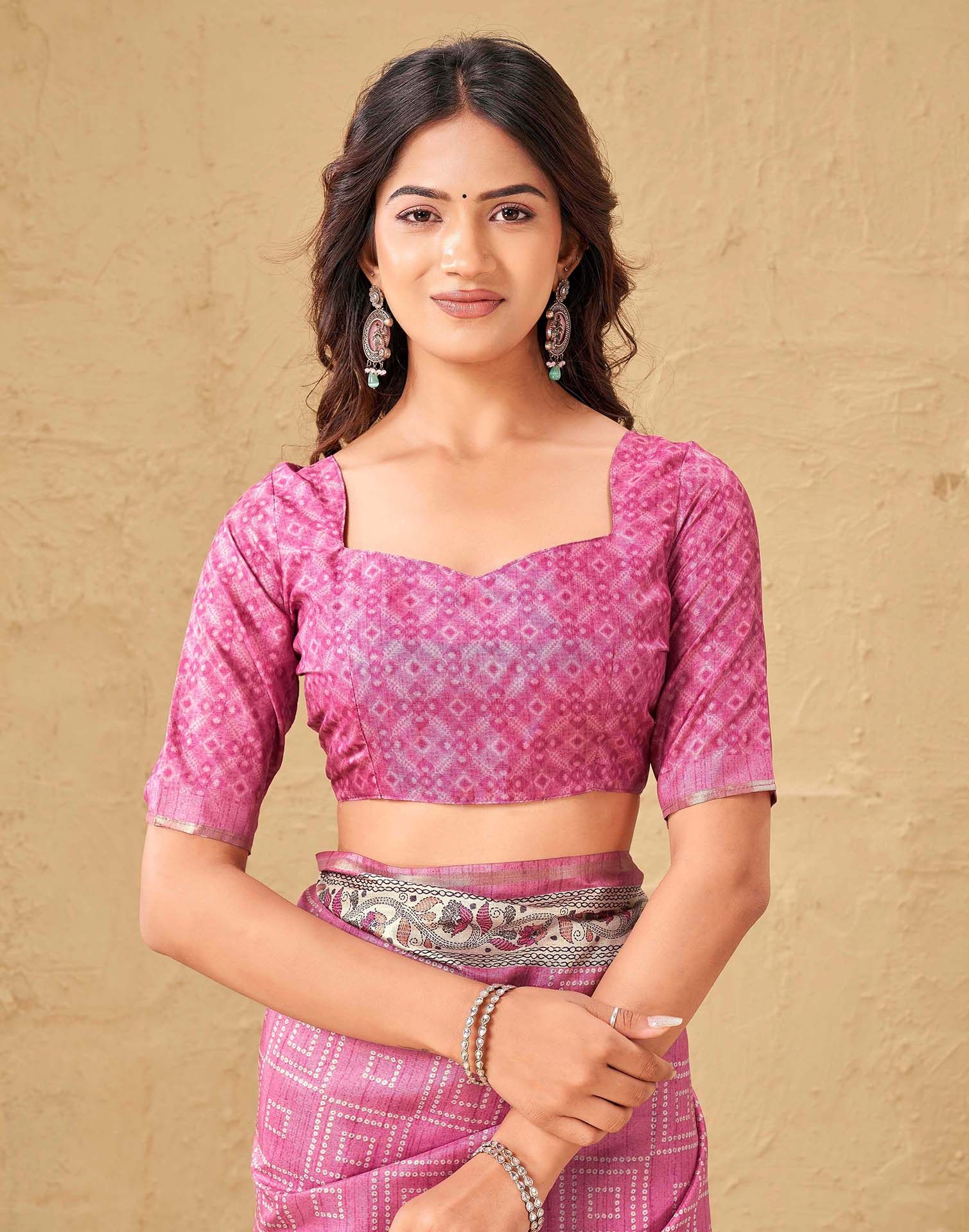 Dusty Pink Silk Bandhani Printed Saree - Image 7