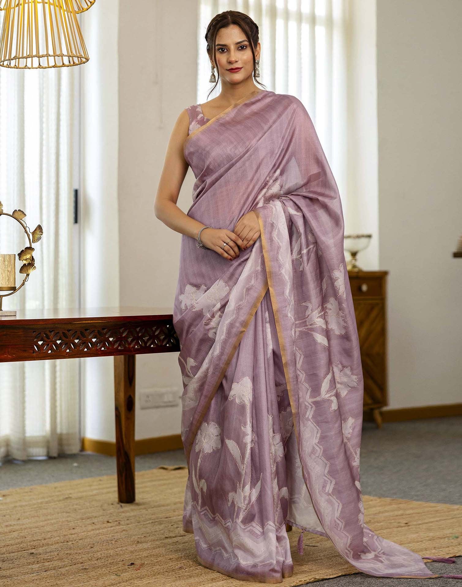Dusty Pink Tussar Silk Floral PrintedĀ Saree