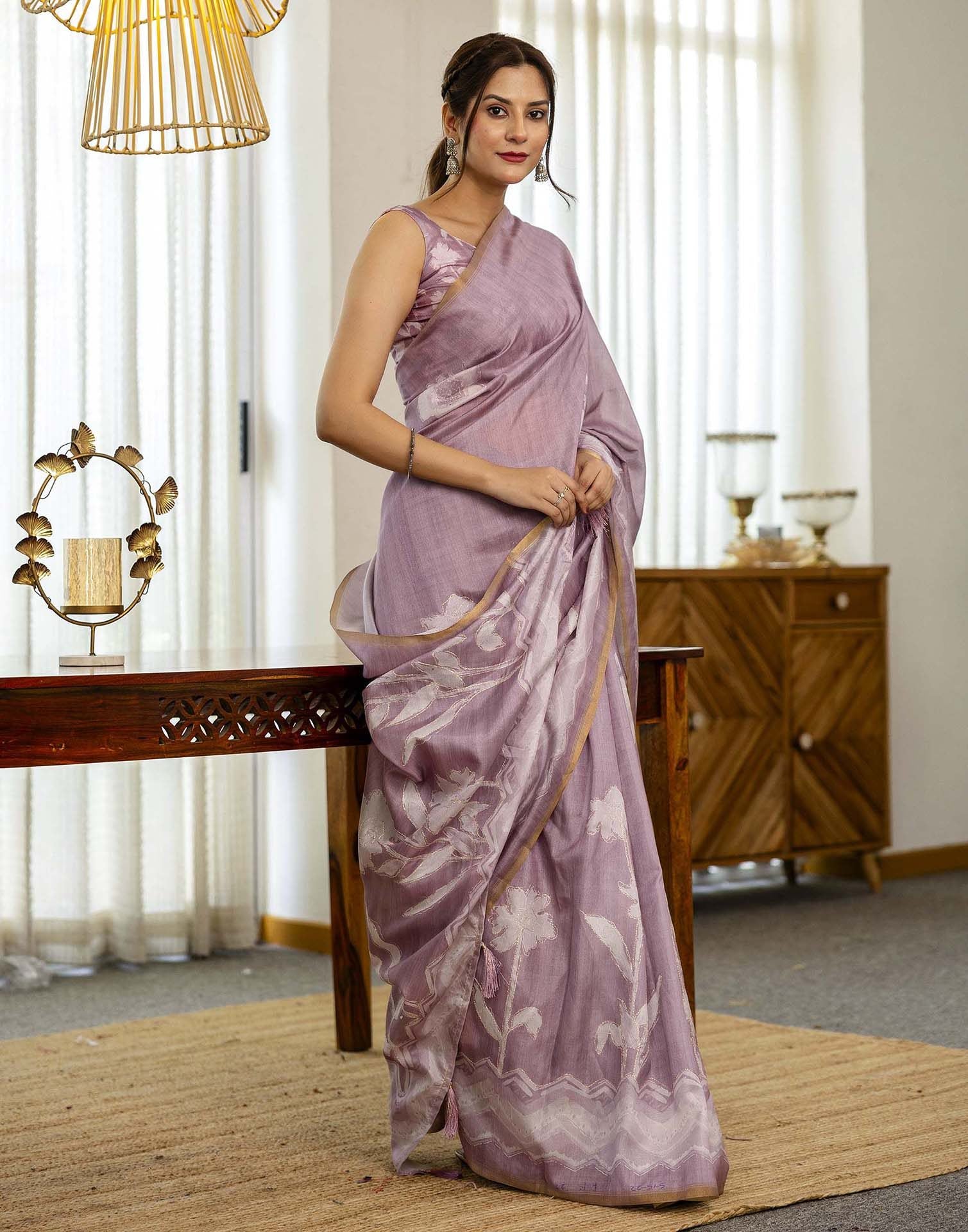 Dusty Pink Tussar Silk Floral PrintedĀ Saree - Image 6