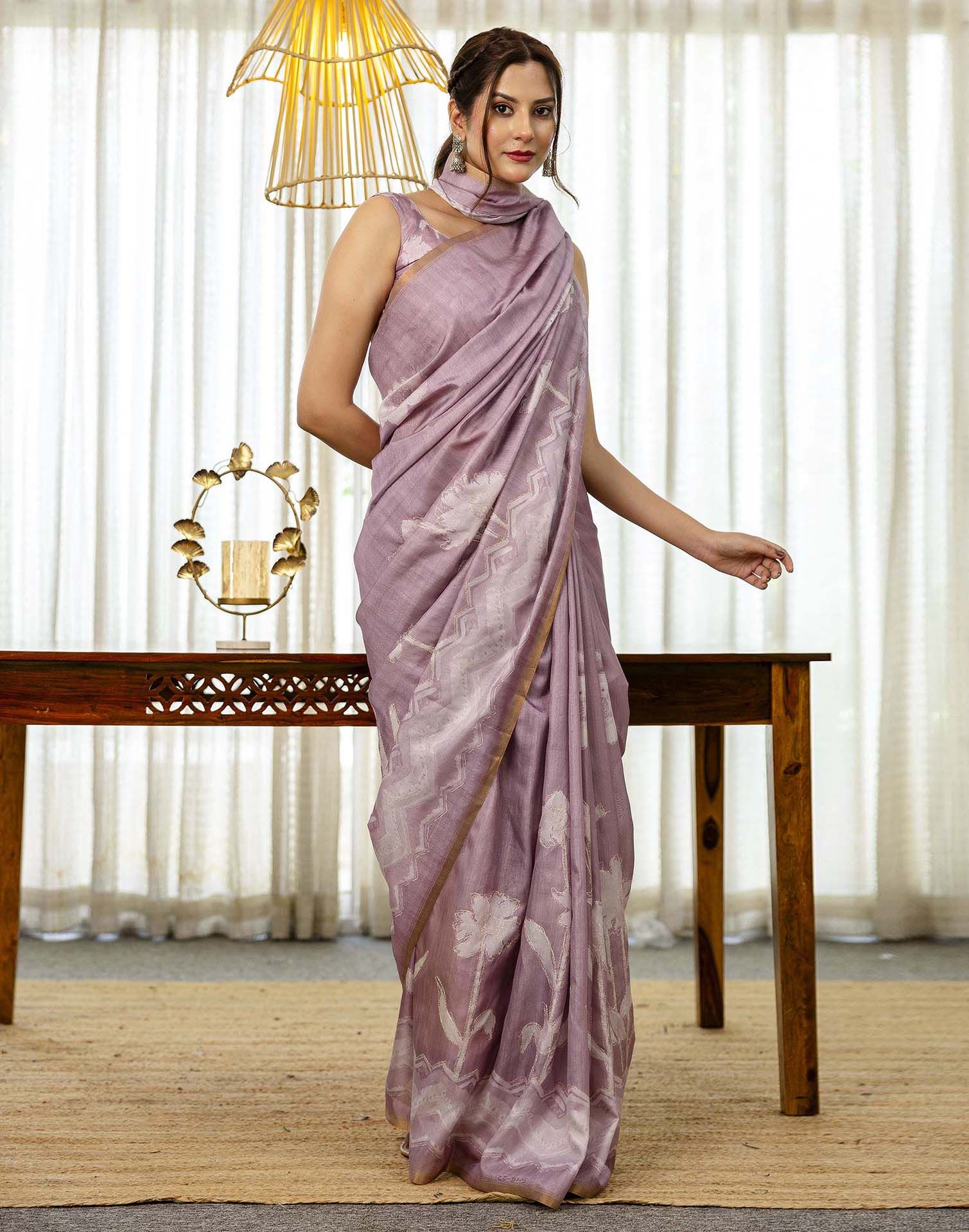 Dusty Pink Tussar Silk Floral PrintedĀ Saree - Image 9