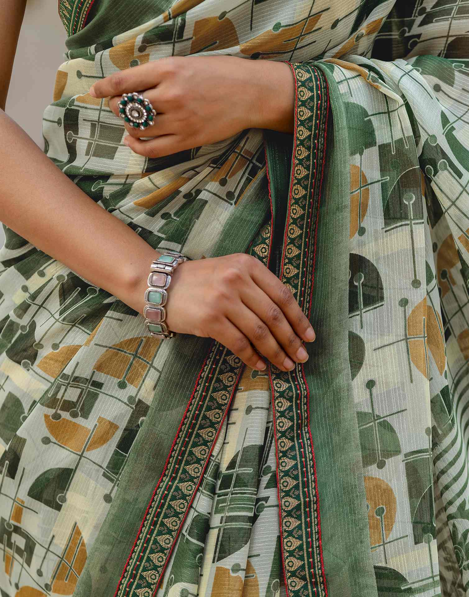 Dusty Pista Green Georgette Printed Lace Saree - Image 11