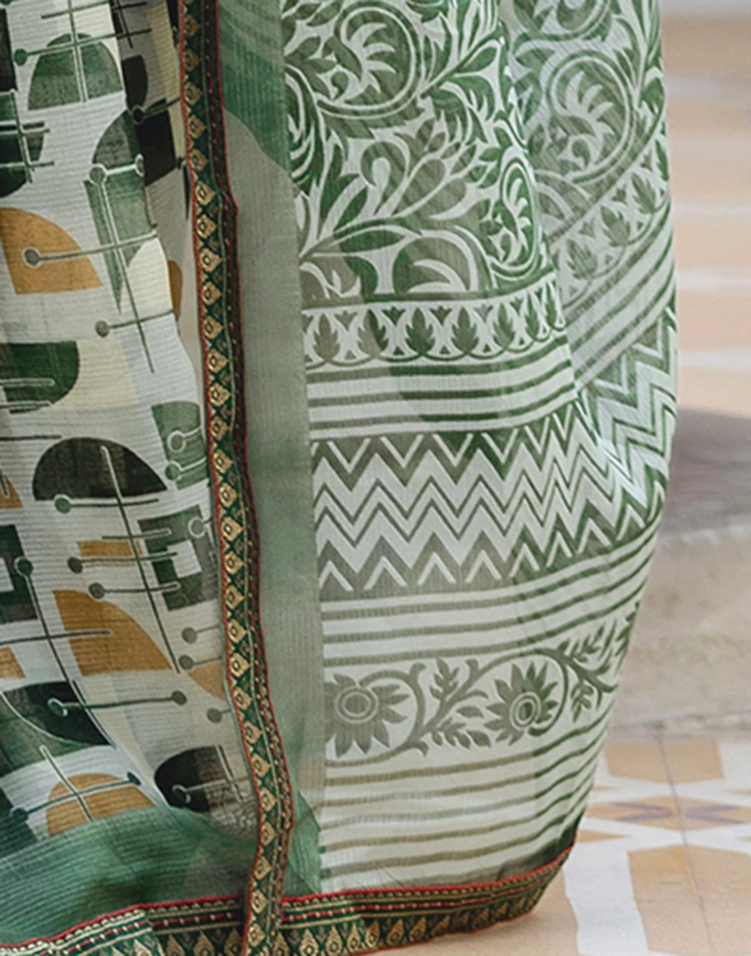 Dusty Pista Green Georgette Printed Lace Saree - Image 12