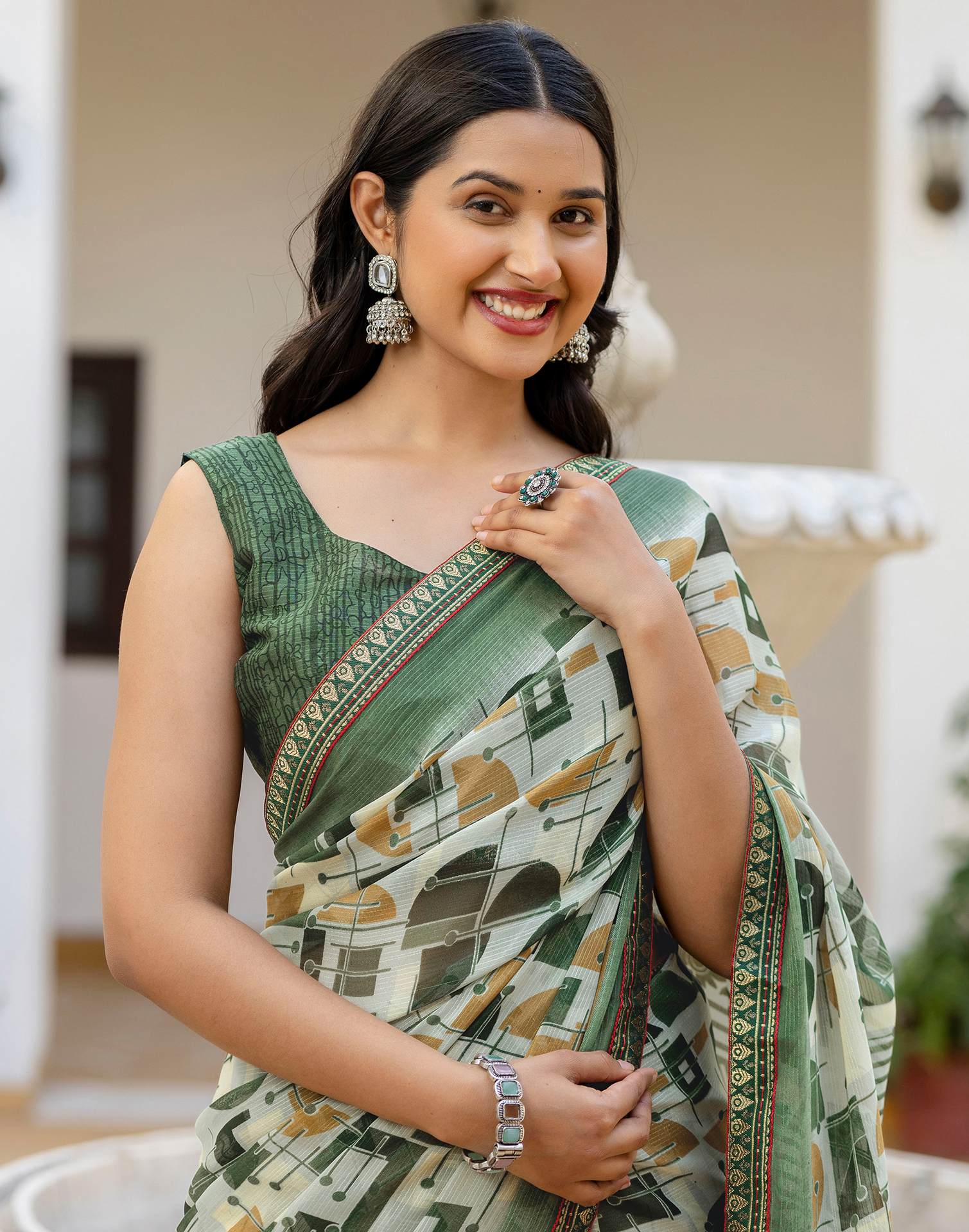 Dusty Pista Green Georgette Printed Lace Saree - Image 2