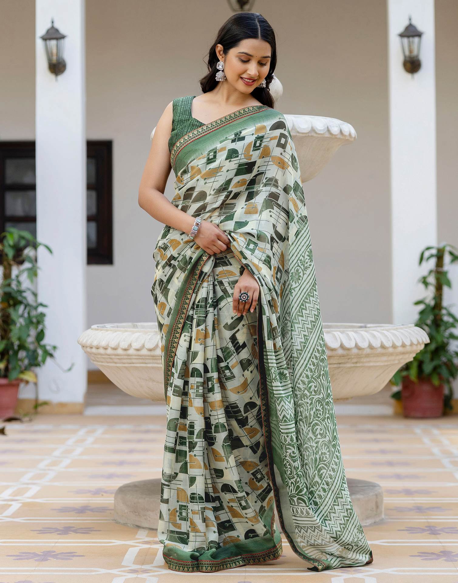 Dusty Pista Green Georgette Printed Lace Saree - Image 4