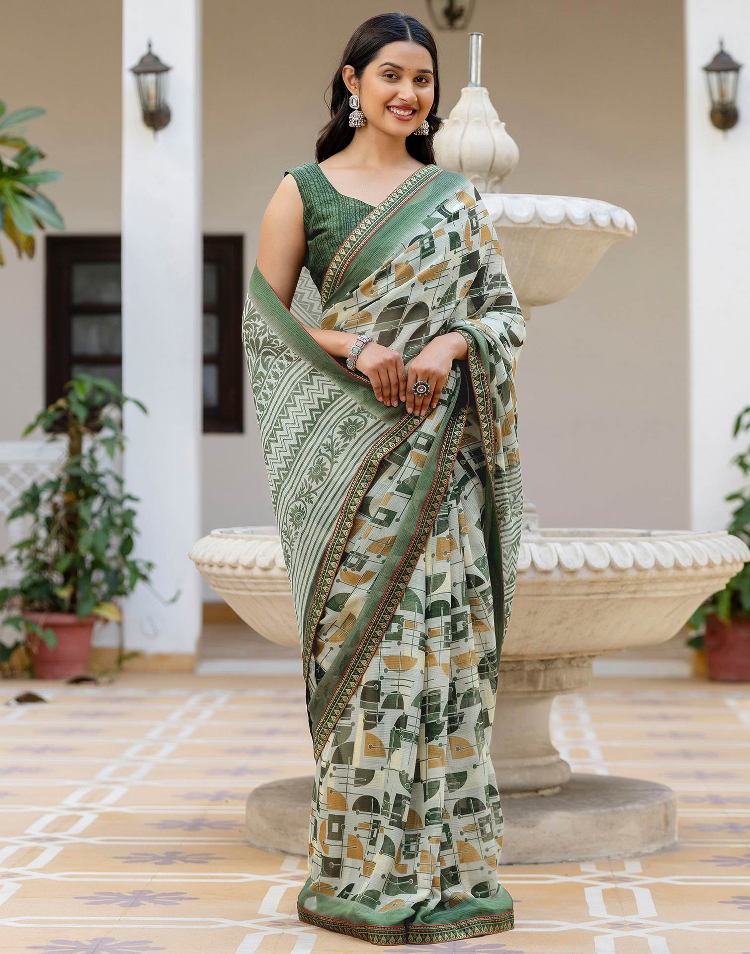 Dusty Pista Green Georgette Printed Lace Saree - Image 5