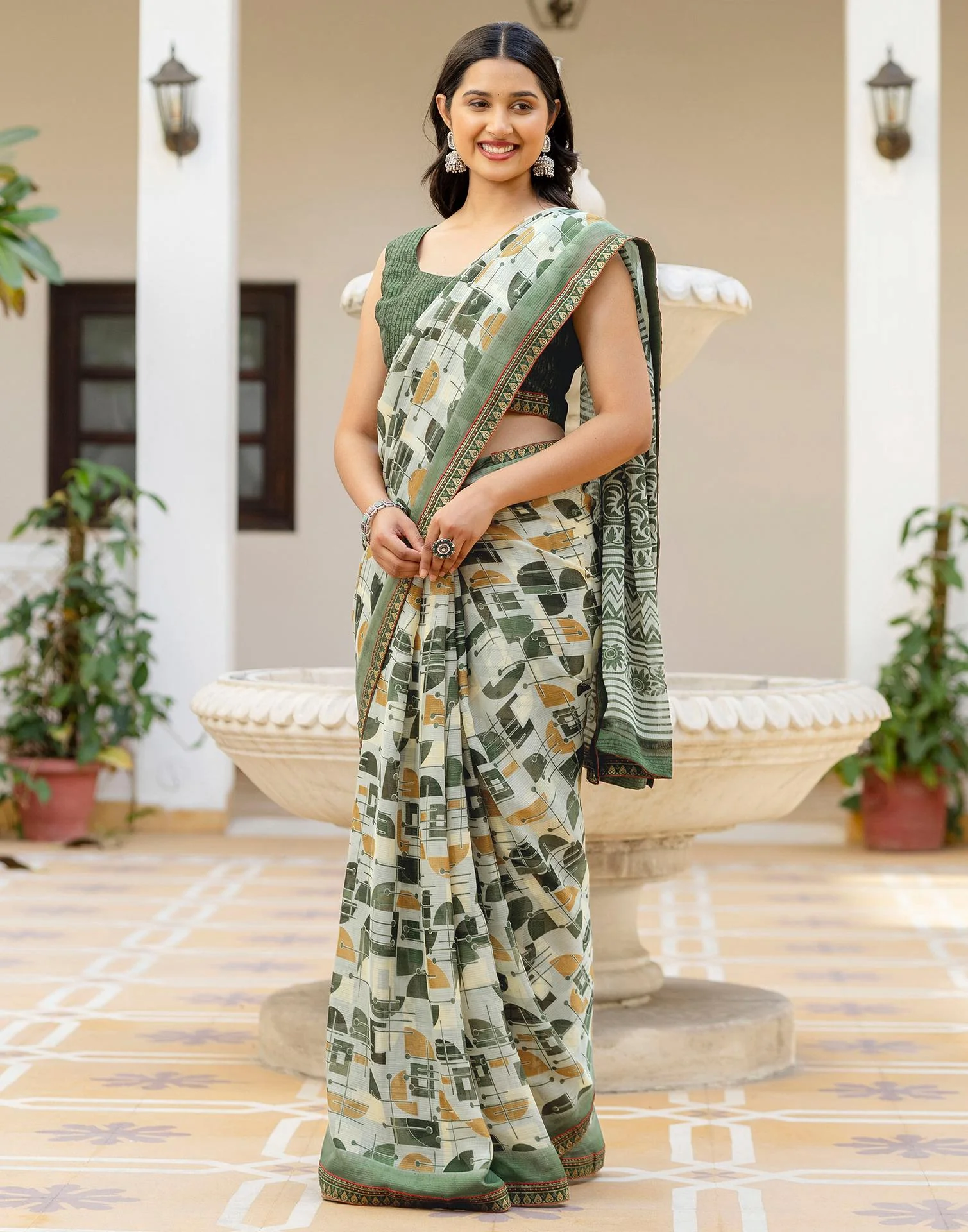 Dusty Pista Green Georgette Printed Lace Saree - Image 8