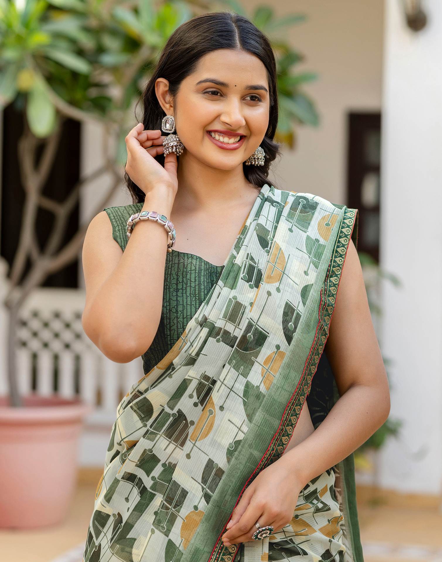 Dusty Pista Green Georgette Printed Lace Saree - Image 9