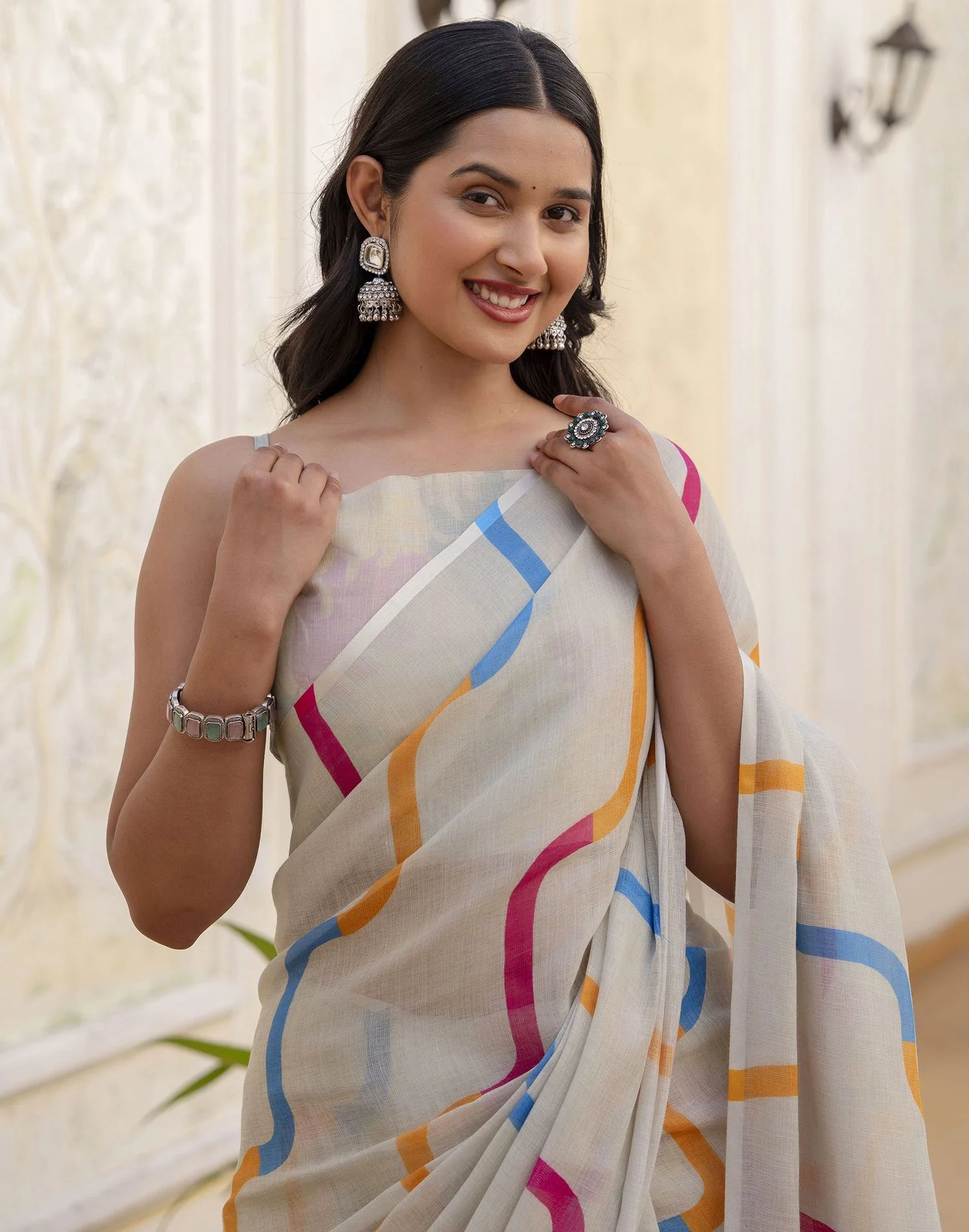 Dusty Pista Green Linen Printed Saree - Image 2