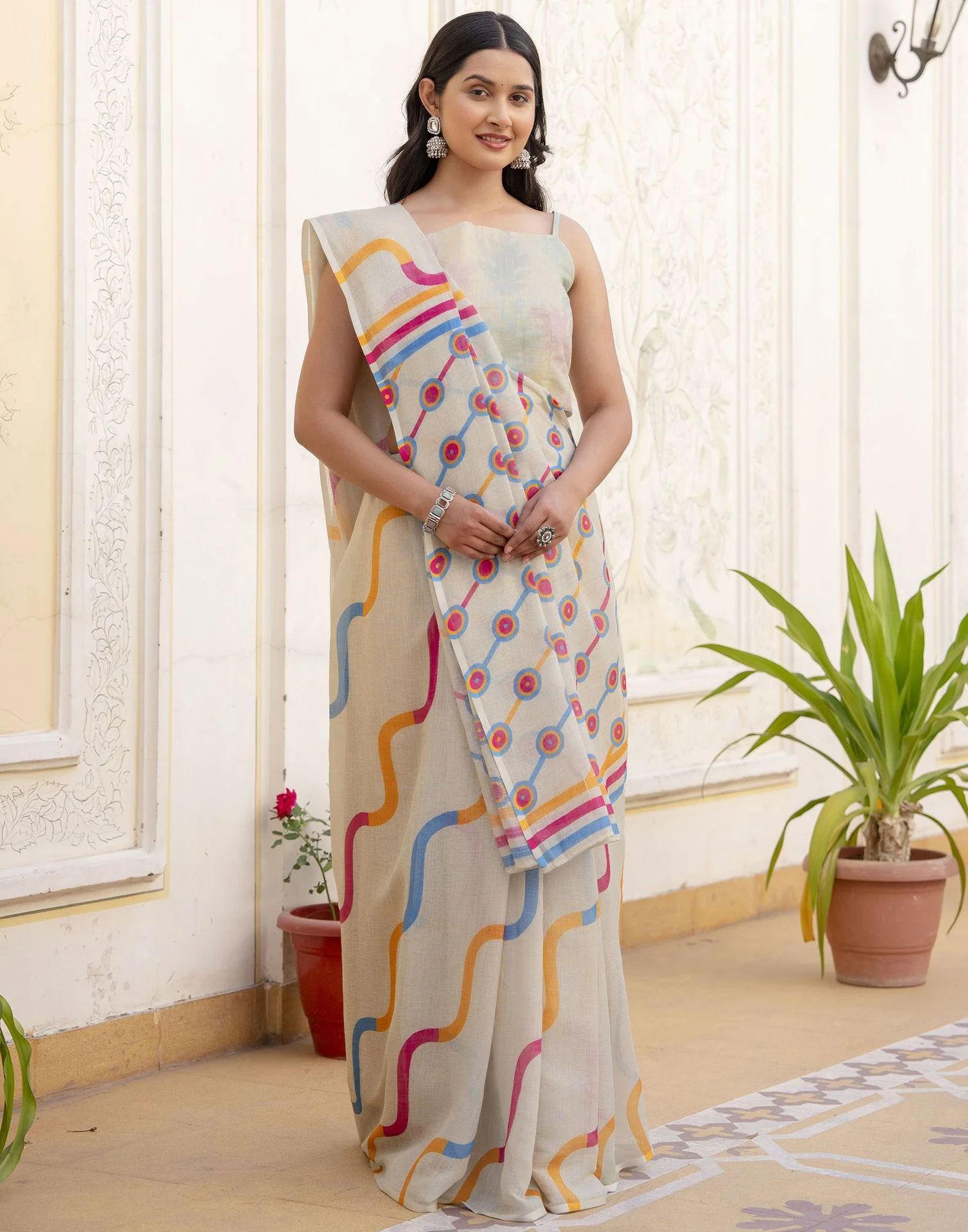 Dusty Pista Green Linen Printed Saree - Image 8