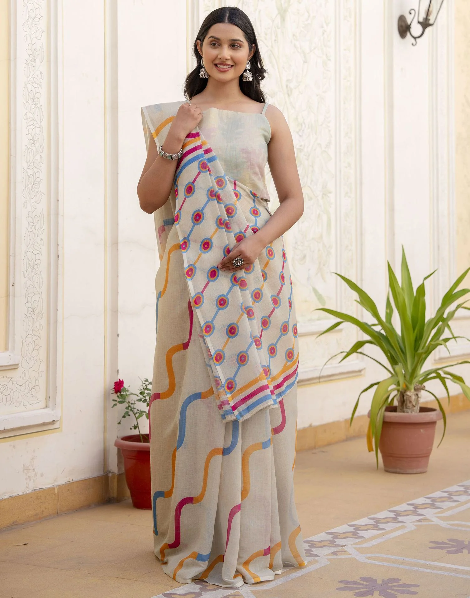 Dusty Pista Green Linen Printed Saree - Image 9
