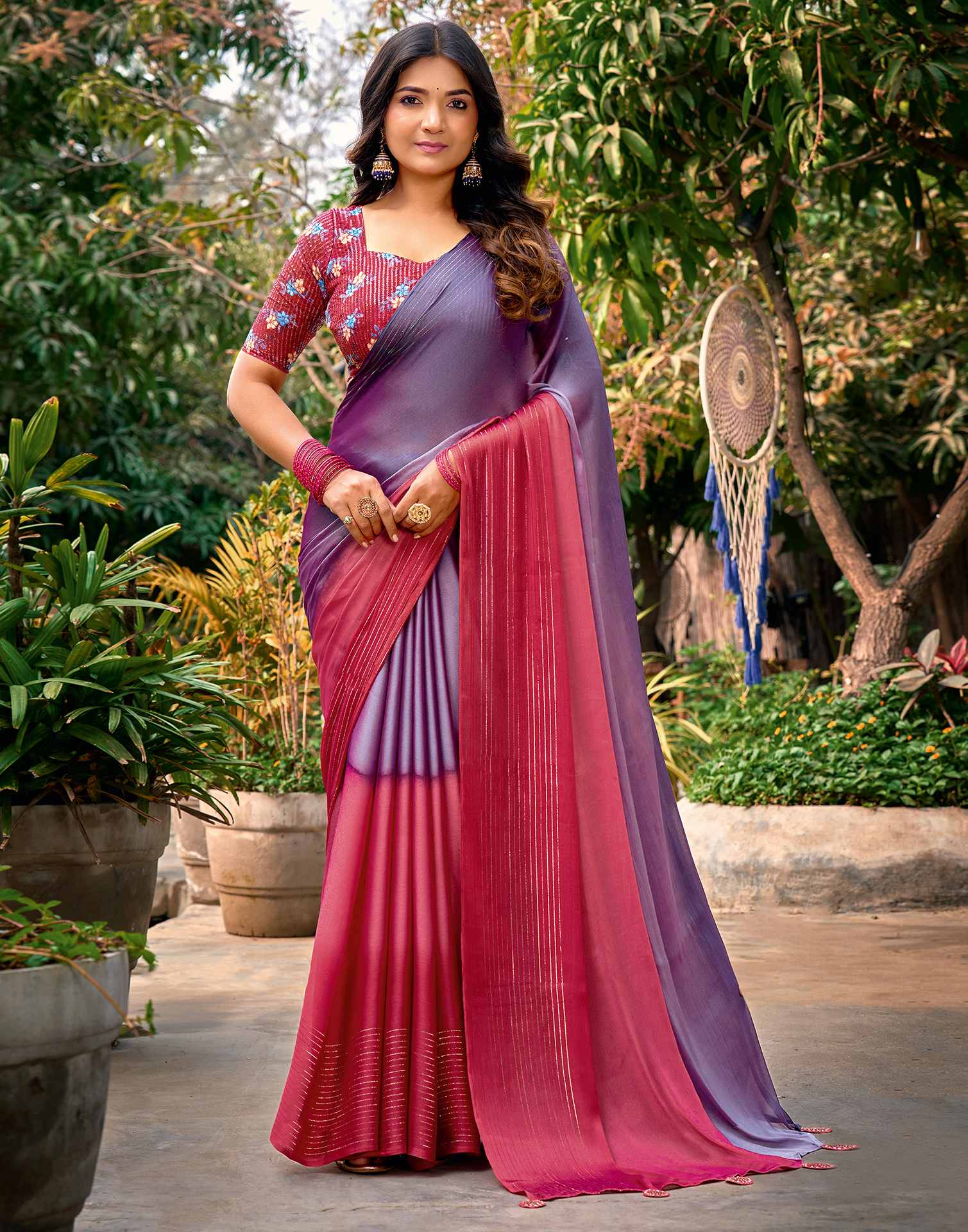 Dusty Purple Chiffon Ombre Zari Stripe Saree