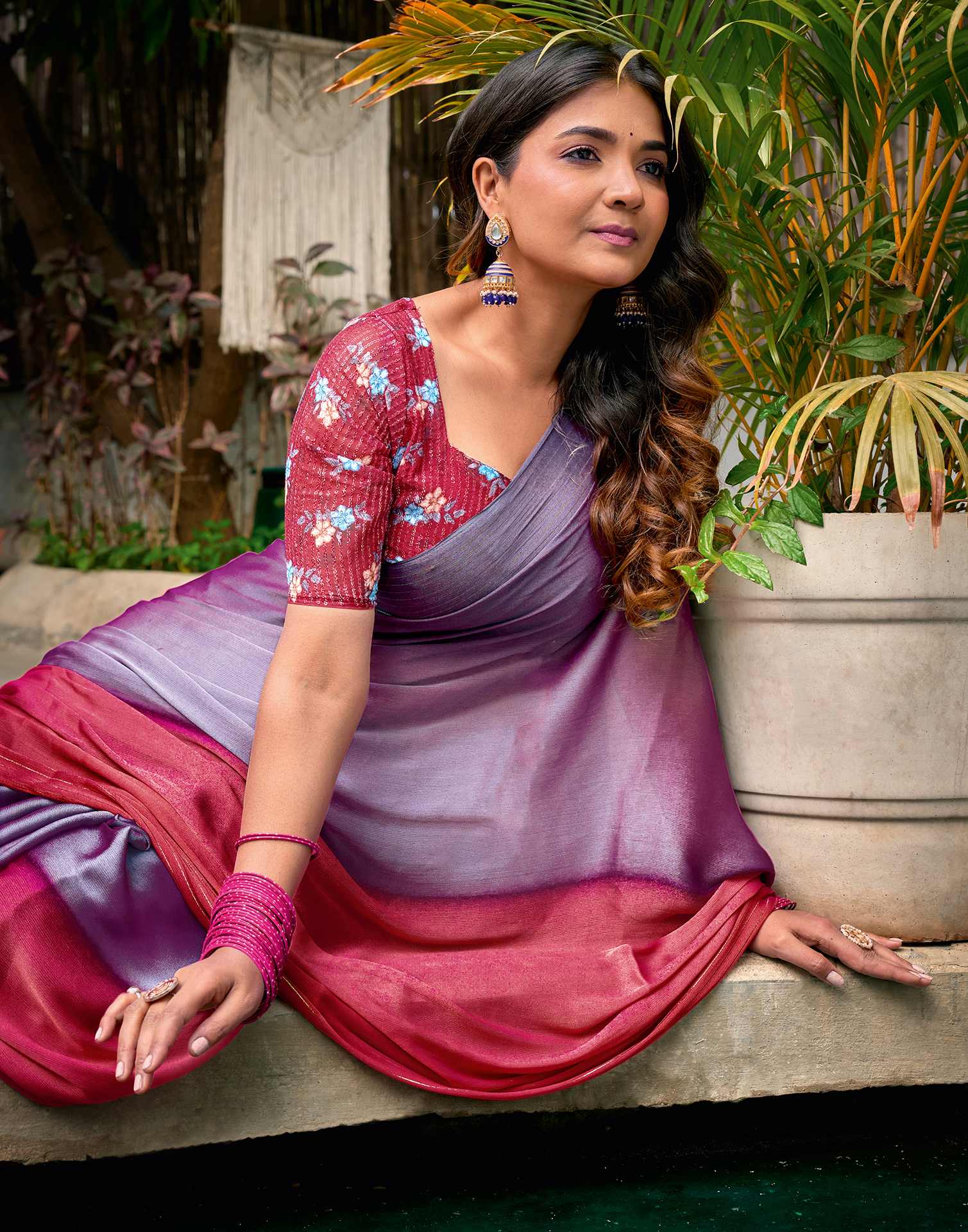 Dusty Purple Chiffon Ombre Zari Stripe Saree - Image 2