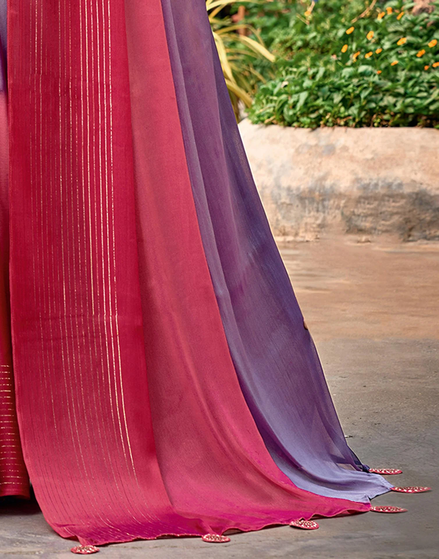 Dusty Purple Chiffon Ombre Zari Stripe Saree - Image 4