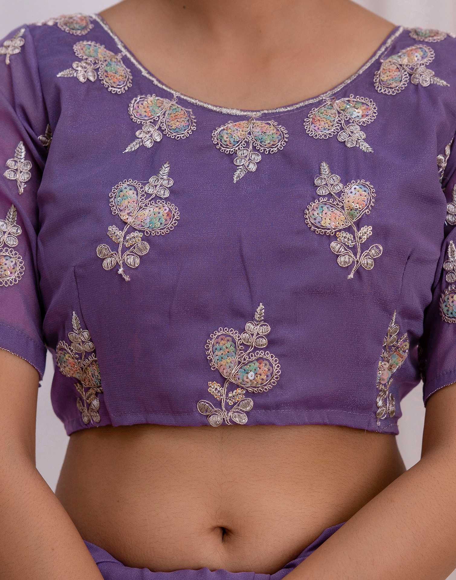 Dusty Purple Chiffon Sequence Embroidery Saree - Image 12