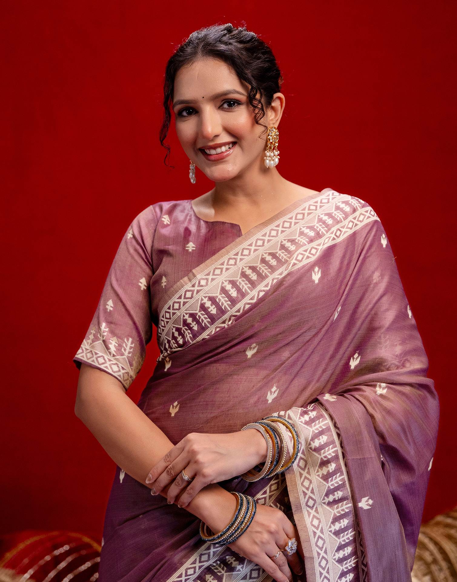 Dusty Purple Cotton Woven Printed Saree - Image 4