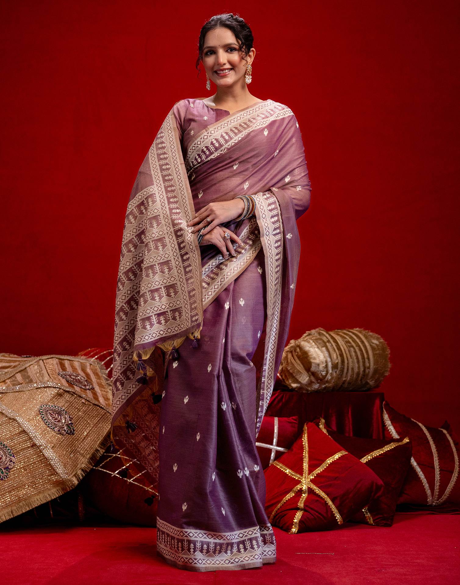 Dusty Purple Cotton Woven Printed Saree - Image 6