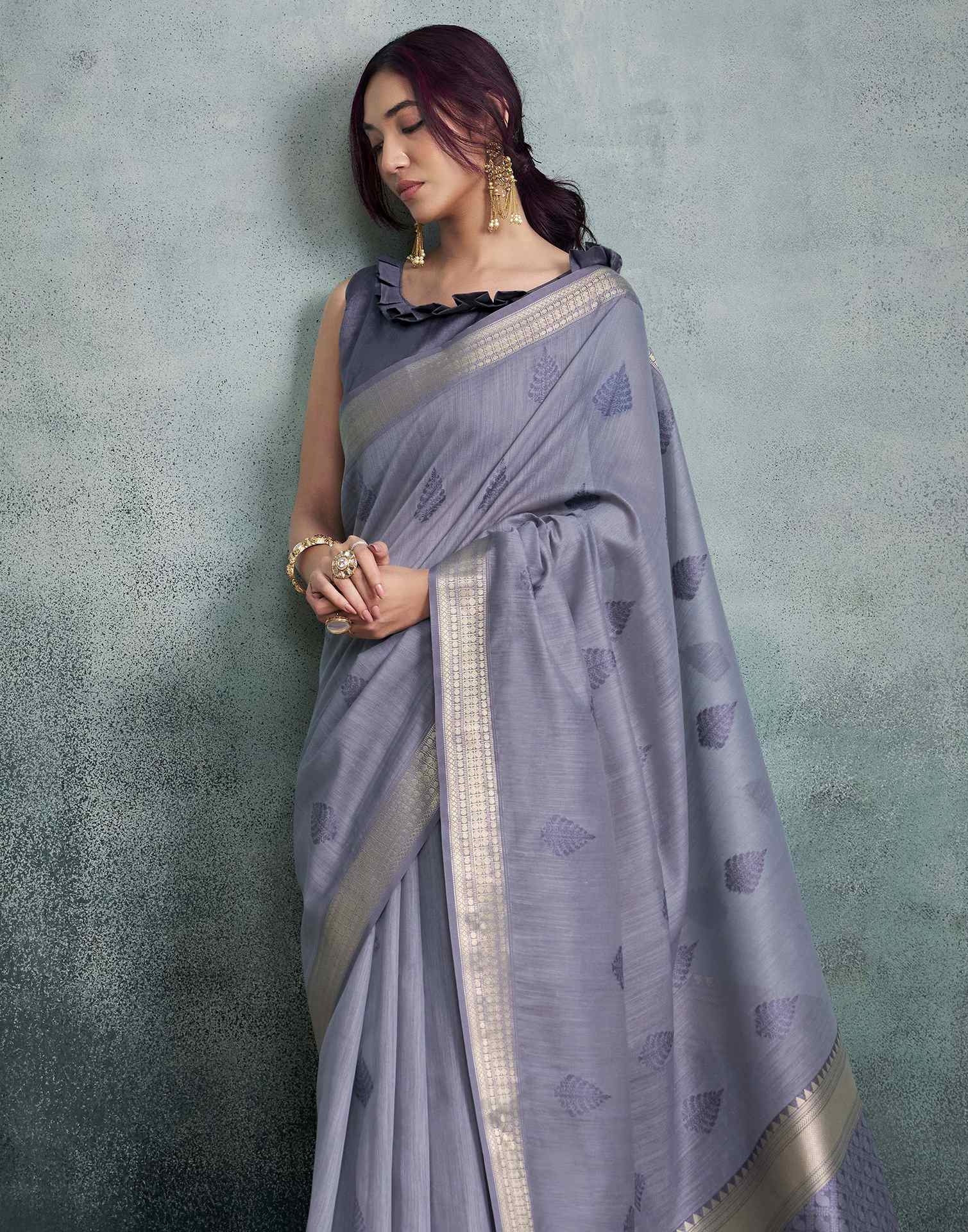 Dusty Purple Cotton Woven Saree - Image 2
