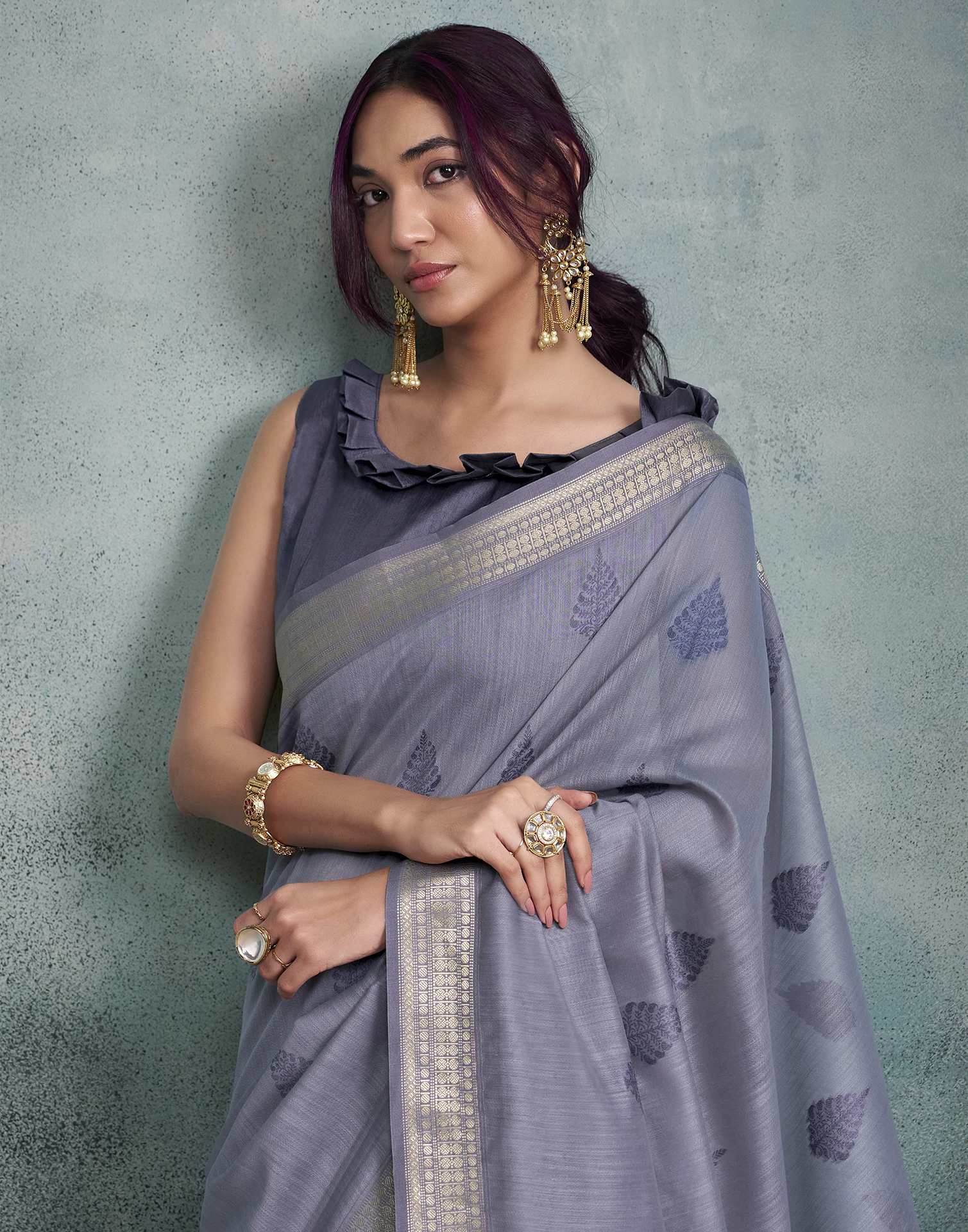 Dusty Purple Cotton Woven Saree - Image 4