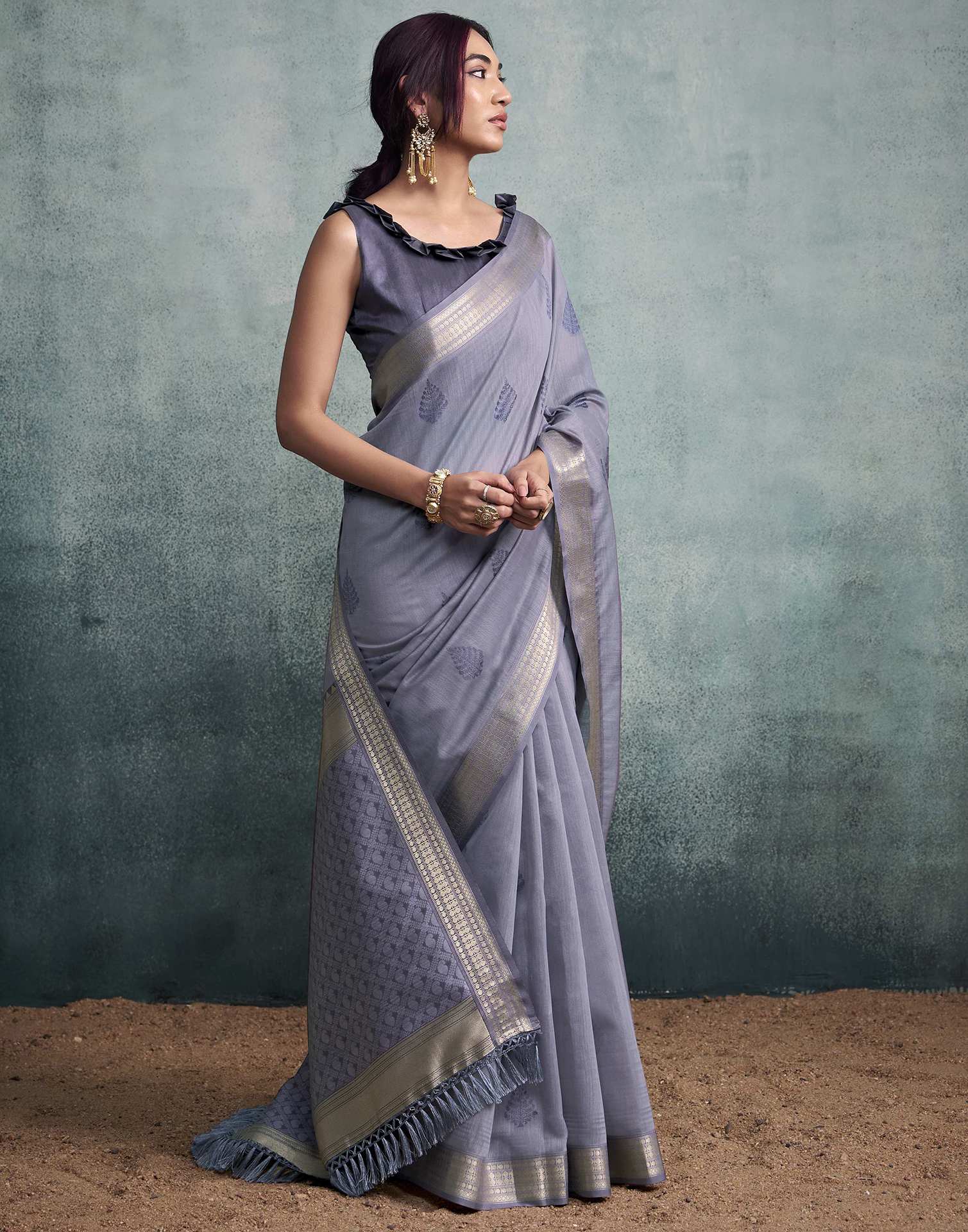 Dusty Purple Cotton Woven Saree - Image 5