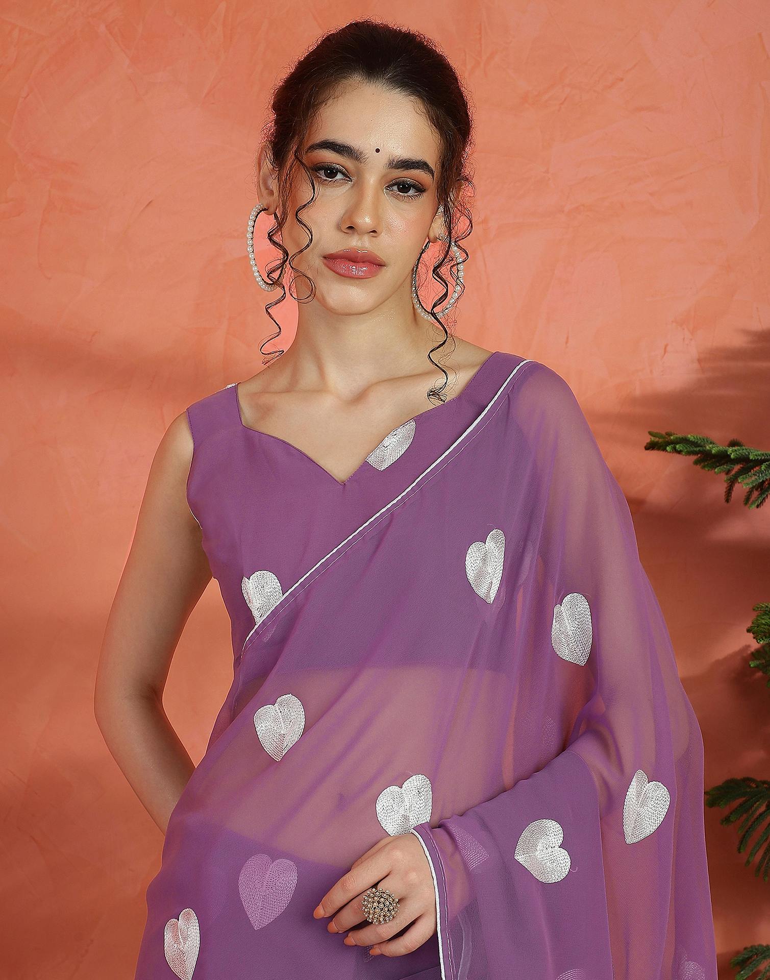 Dusty Purple Georgette Embroidery Saree - Image 2