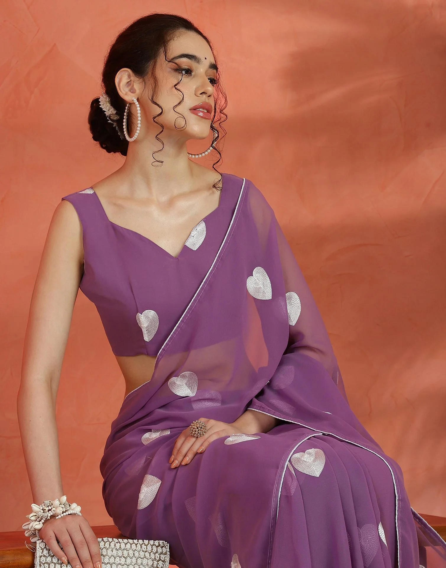 Dusty Purple Georgette Embroidery Saree - Image 4