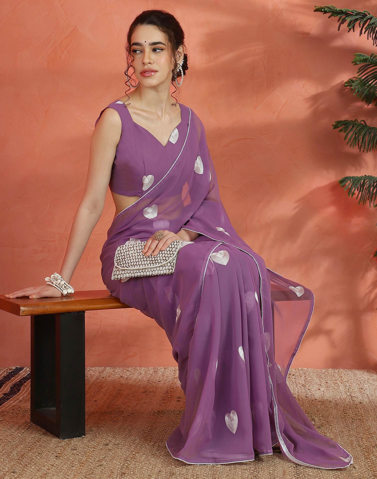 Dusty Purple Georgette Embroidery Saree - Image 6