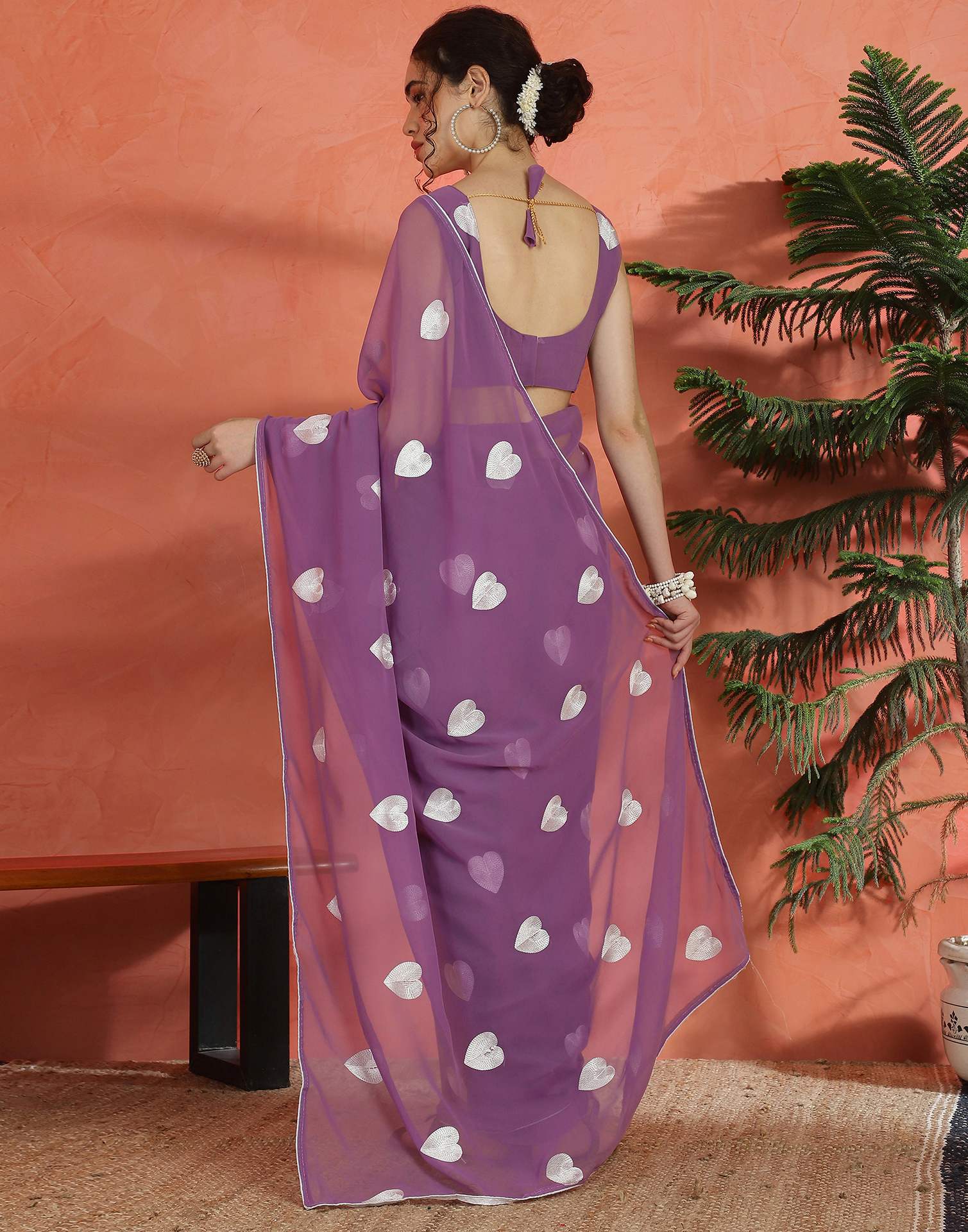 Dusty Purple Georgette Embroidery Saree - Image 7