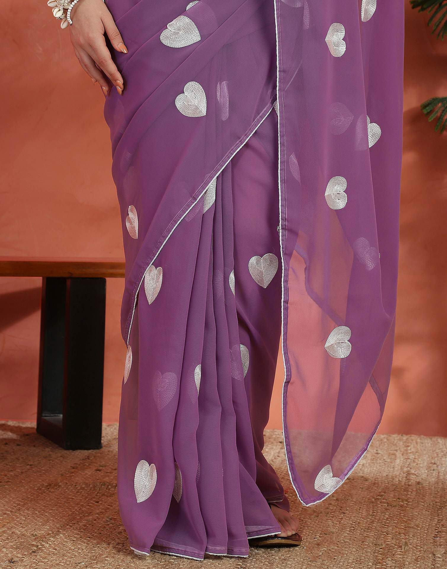 Dusty Purple Georgette Embroidery Saree - Image 8
