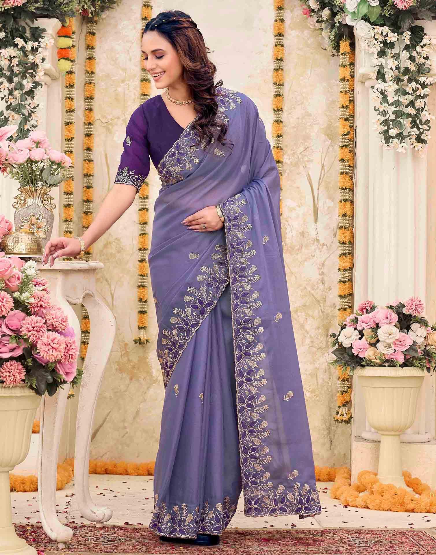 Dusty Purple Georgette Embroidery Saree - Image 2