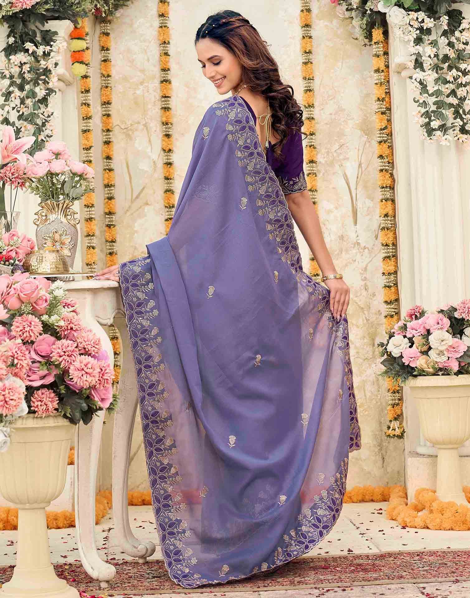 Dusty Purple Georgette Embroidery Saree - Image 6