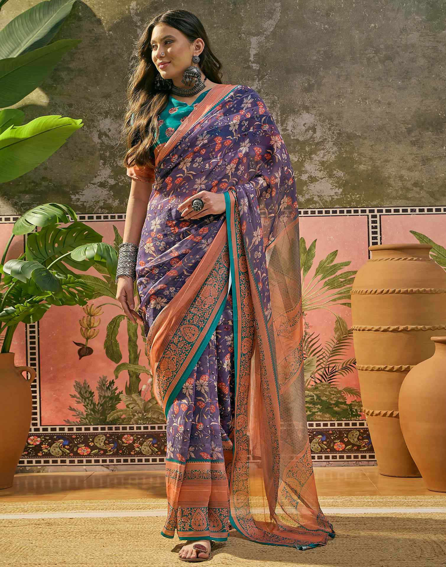 Dusty Purple Georgette Printed Saree